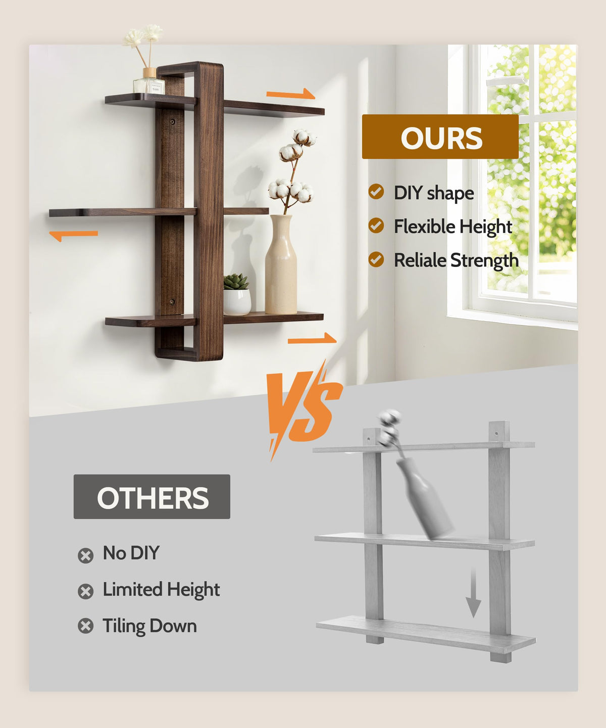 SUMGAR Floating Shelves for Wall Walnut Mounted Shelf Unit for Living Room Bedroom Bathroom Mid Century Modern Decorative Storage Plant Photo Display Home Decor 3 Tier Large 20in All Pine