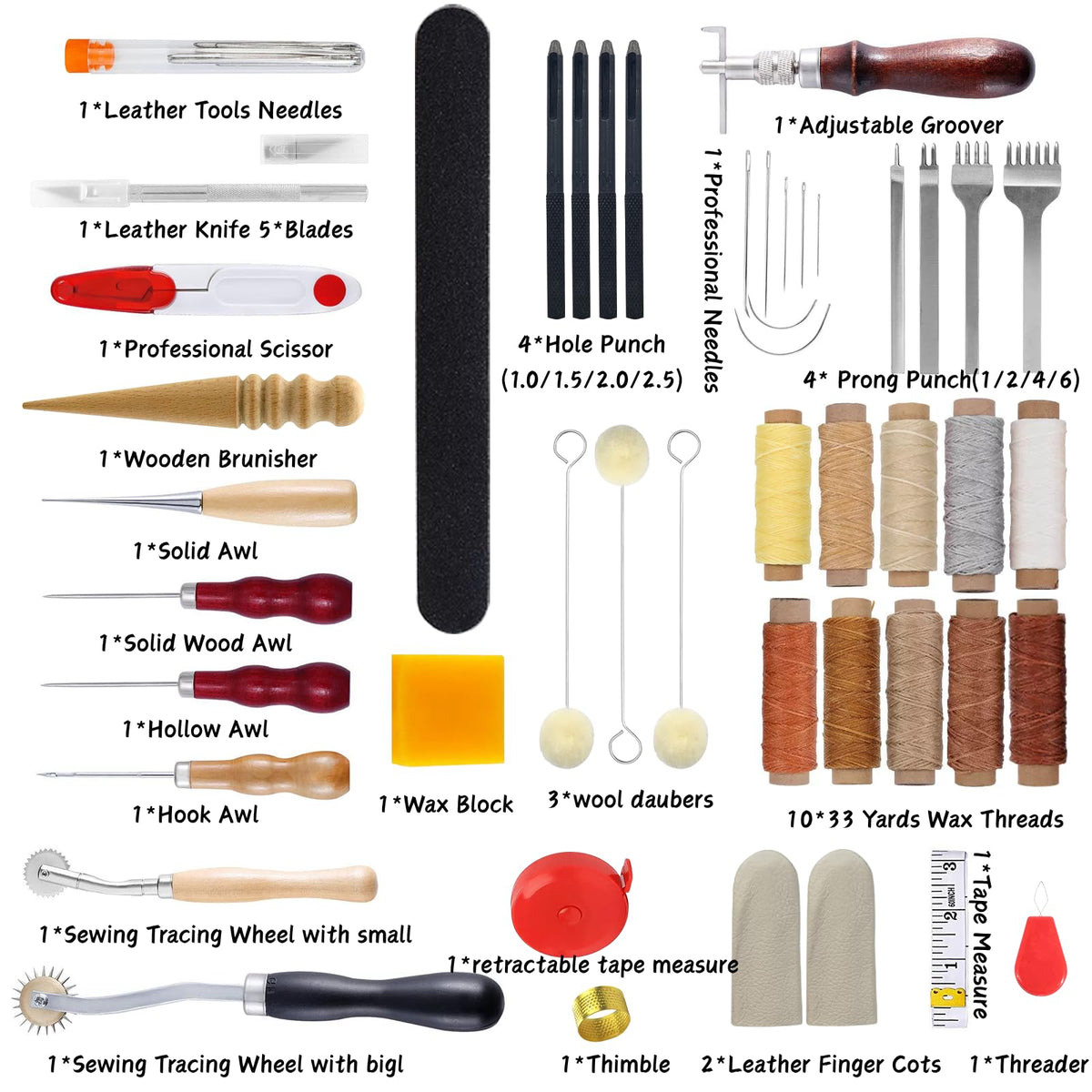 FNV Leather Sewing kit, Leather Stitch with Waxed Thread, Needles, Awls and Hand Stitching Tools. Suitable for Adults DIY Gifts, Home DIY Work.