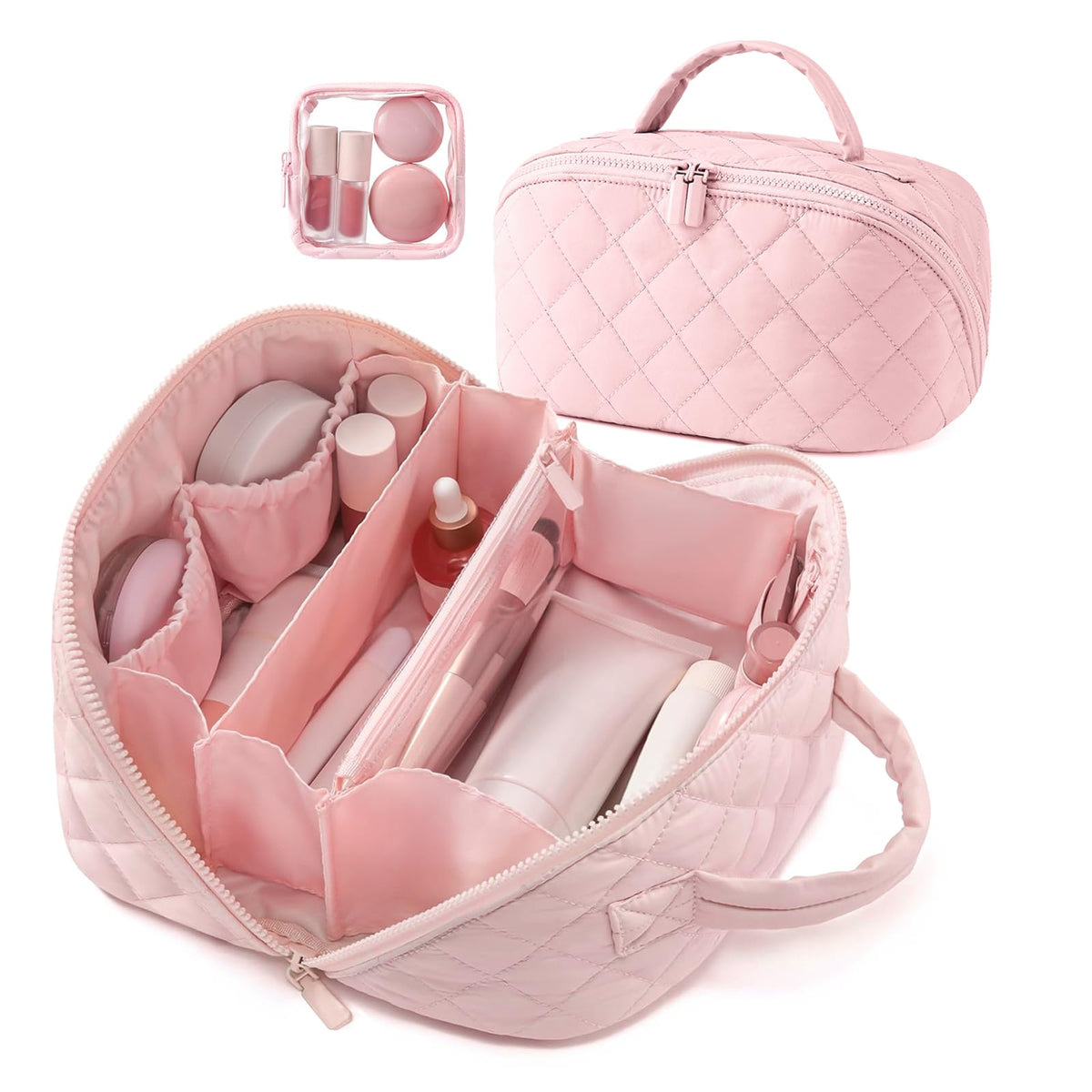 IrisCargo Makeup Bag,Wideopen Toiletry Bag for Women, 180° Lay-Flat Water-Resistant Large Cosmetic Case, Puffy Padded Travel Organizer for Toiletries & Brushes Large Capacity with Compartments