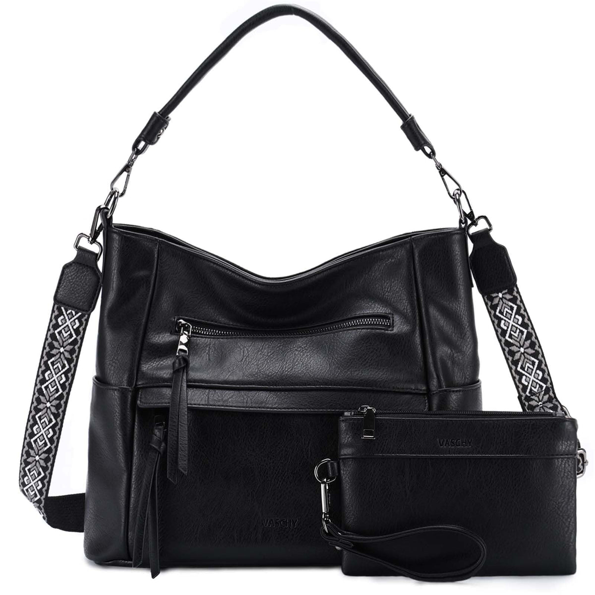 VASCHY Hobo Bag for Women, Roomy Leather Shoulder Purse with Wallet Set, Tote Bag with Guitar Strap, Ideal Gift for Women