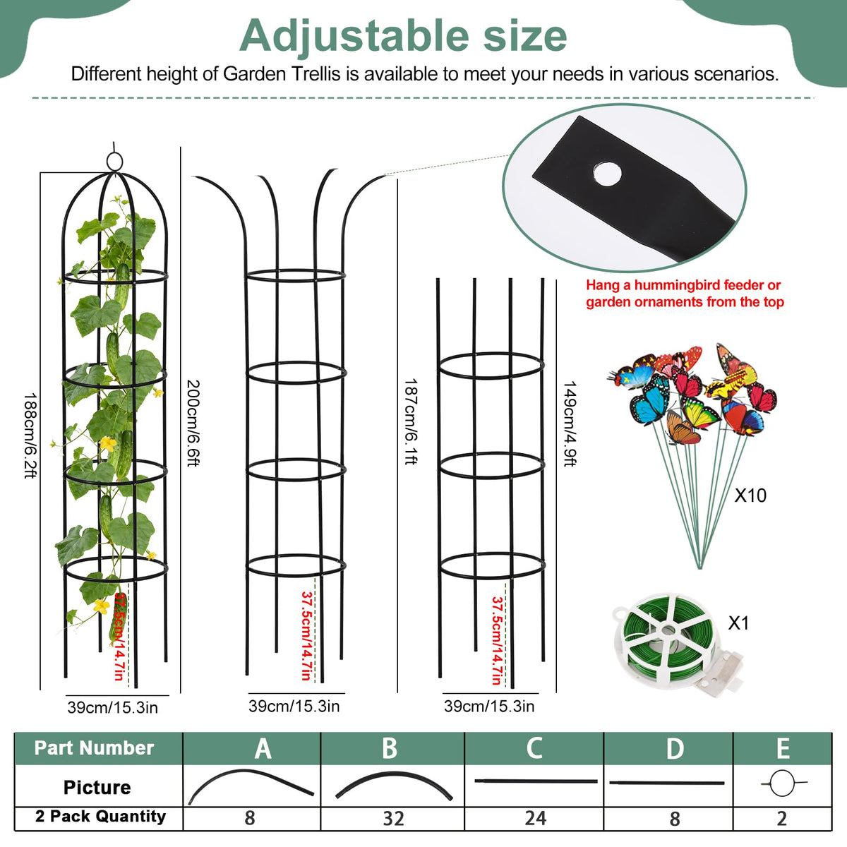 100% Metal Obelisk Garden Trellis 6.6 Feet Tall Sturdy Plant Support for Climbing Vines and Flowers Stands,2pc Upgrade Round Trellis for Pots Metal Plant Flower Trellises for Clematis Jasmine Outdoor