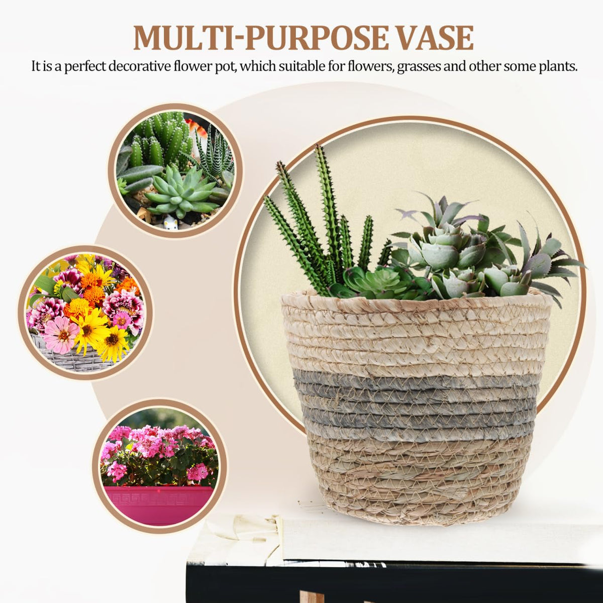 Healeved 2PCS Seagrass Plant Basket with Liner for Indoor Plants Rattan Pots 6inch Weaving Straw Planter Baskets Wicker Small Rustic Decorative Flower Pots for Desktop