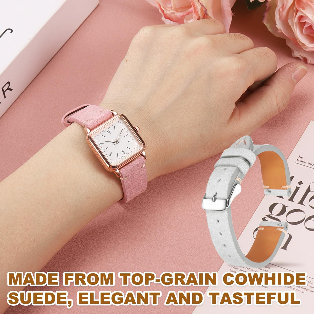 HARFINGTON Leather Watch Band 19mm Width Watch Strap Top-Grain Suede Cowhide Wrist Bands Replacement with Stainless Steel Buckle for Men Women, Light Gray
