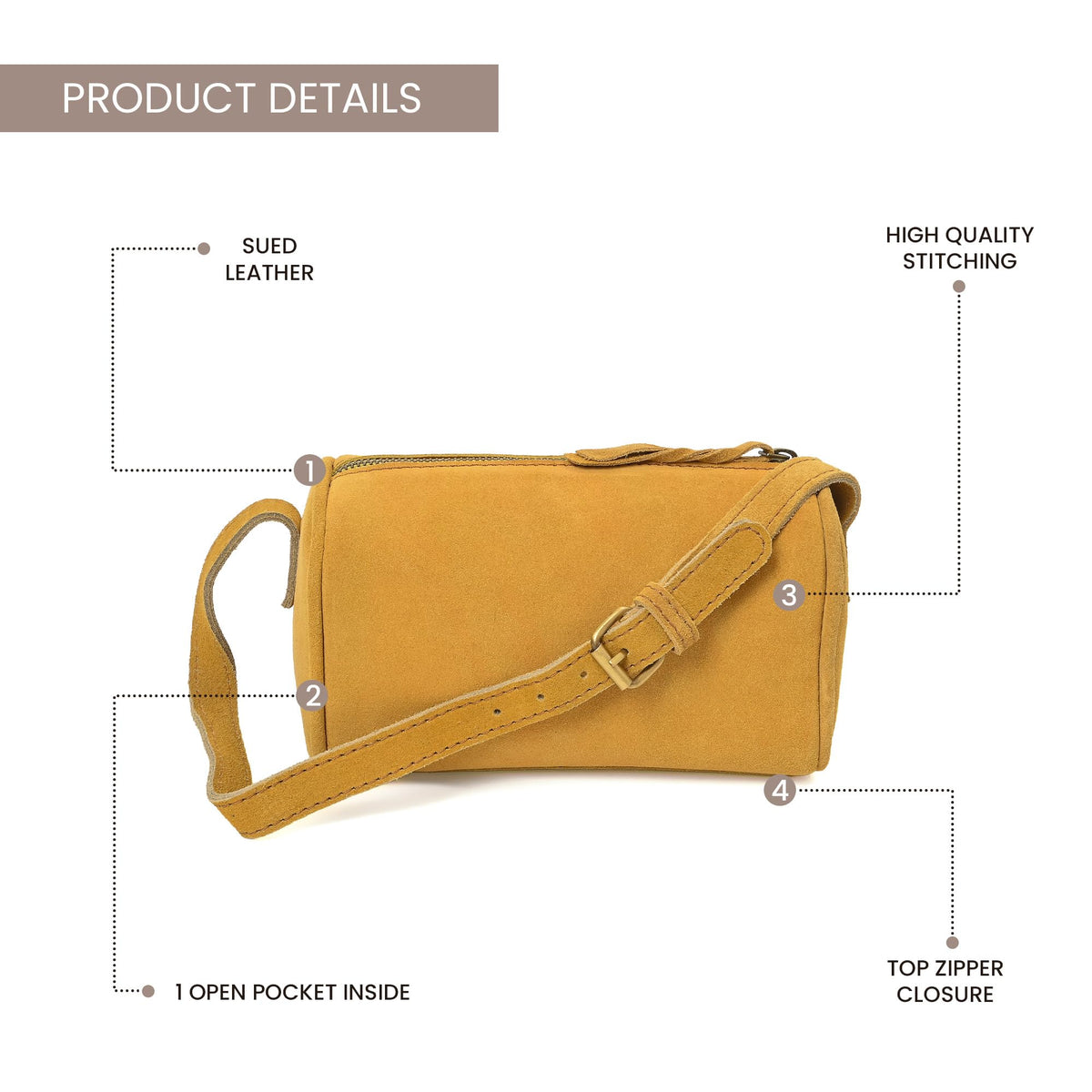 Merbaa Leather Cosmetic Bag for Women with Zipper Closure & Shoulder Strap, Small Genuine Suede Makeup Pouch Organizer Travel Toiletry Case Crossbody Sling Purse. Tan