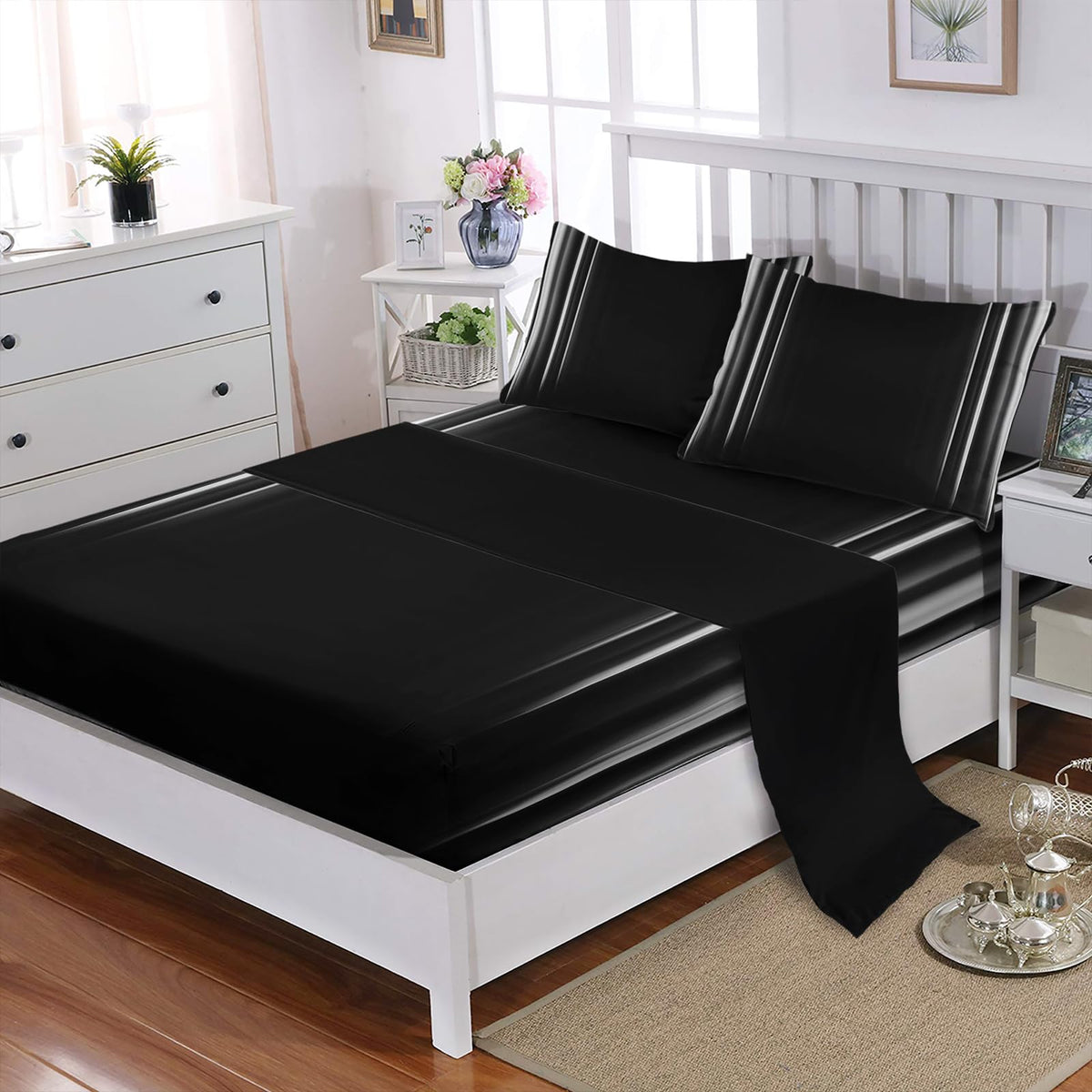 Nttopship White and Black 4 Pieces Bed Sheet SetsQUEEN Size Abstract Ombre Bedding Sets with 16" Deep Pockets Abstract Ombre Bedroom Decor,Bedding Set 4 PCS(1 Fitted+1 Flat+2 Pillowcases)