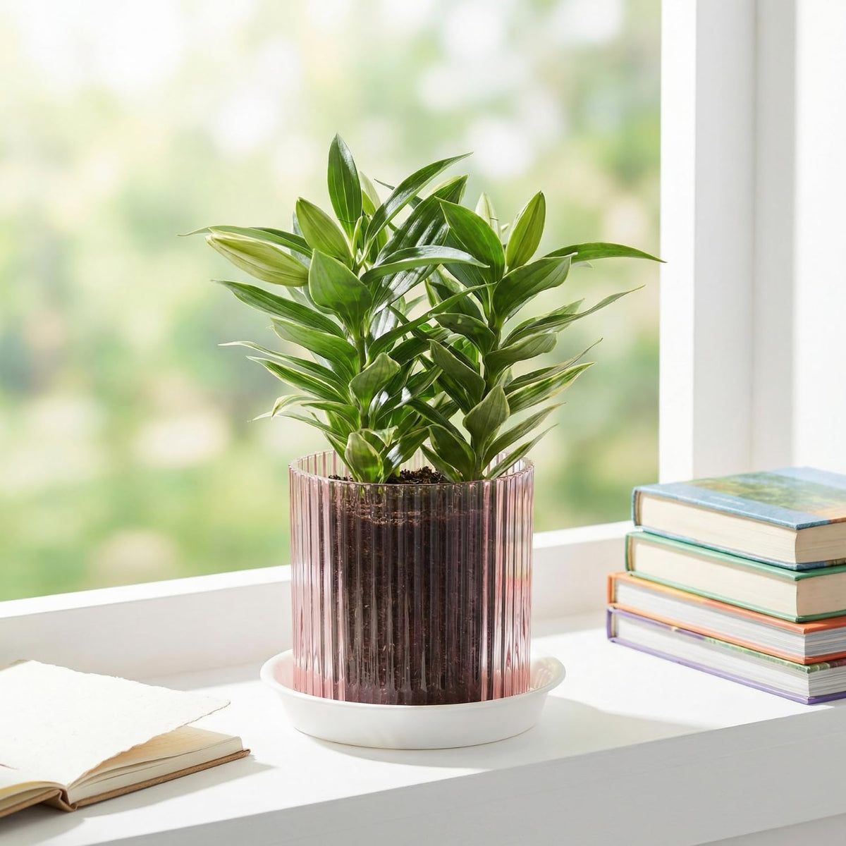 Hestremo Pink Glass Plant Pots Indoor, 5 inch Clear Orchid Pots with Drainage Holes & Trays, Small Glass Planter for Indoor Plants, Herbs, Succulent Flower Planter with Ribbed Texture, Set of 2