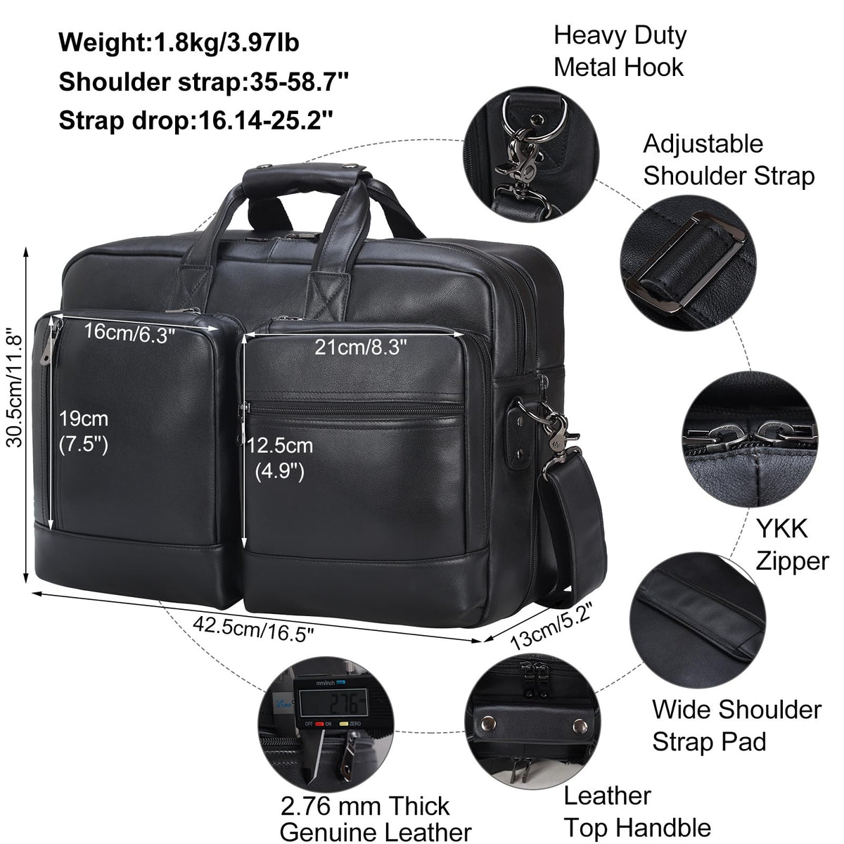 Masa Kawa Black Leather Briefcase Messenger Bag Men Expandable 17 Inch Laptop Business Travel Duffel Crossbody Shoulder Weekender Overnight Bags,Large