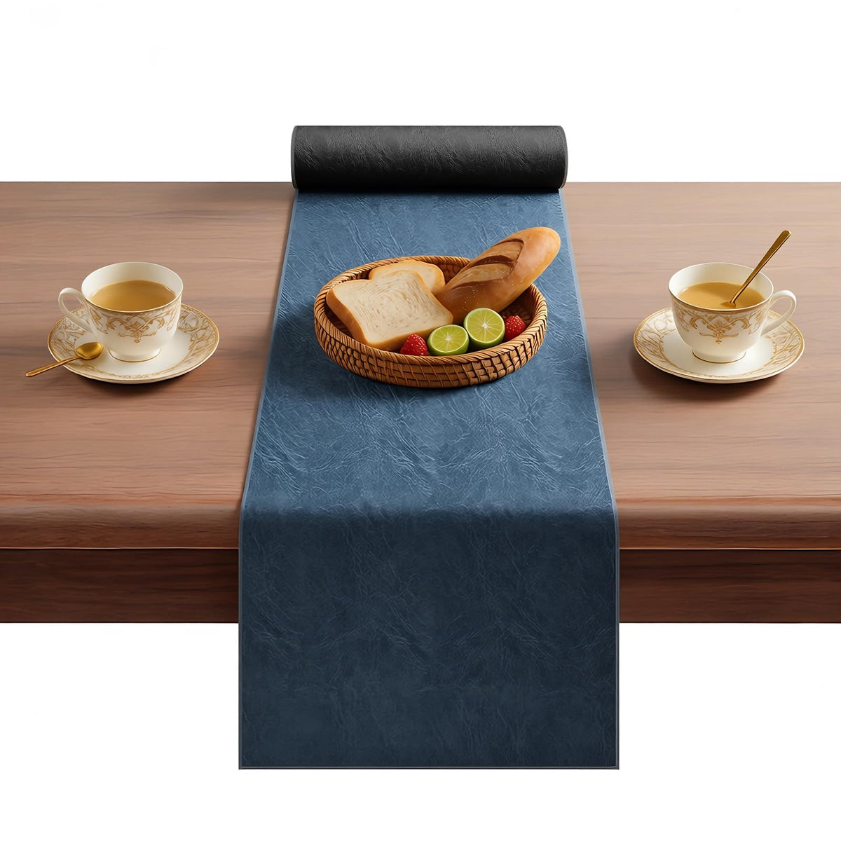 Double-Sided Faux Leather Table Runner, Blue & Black Reversible, Waterproof Heat Resistant Non-Slip Wipeable Oil-Proof Tablecloth, for Dining/Coffee/TV Stand/Dresser 13x72 inch