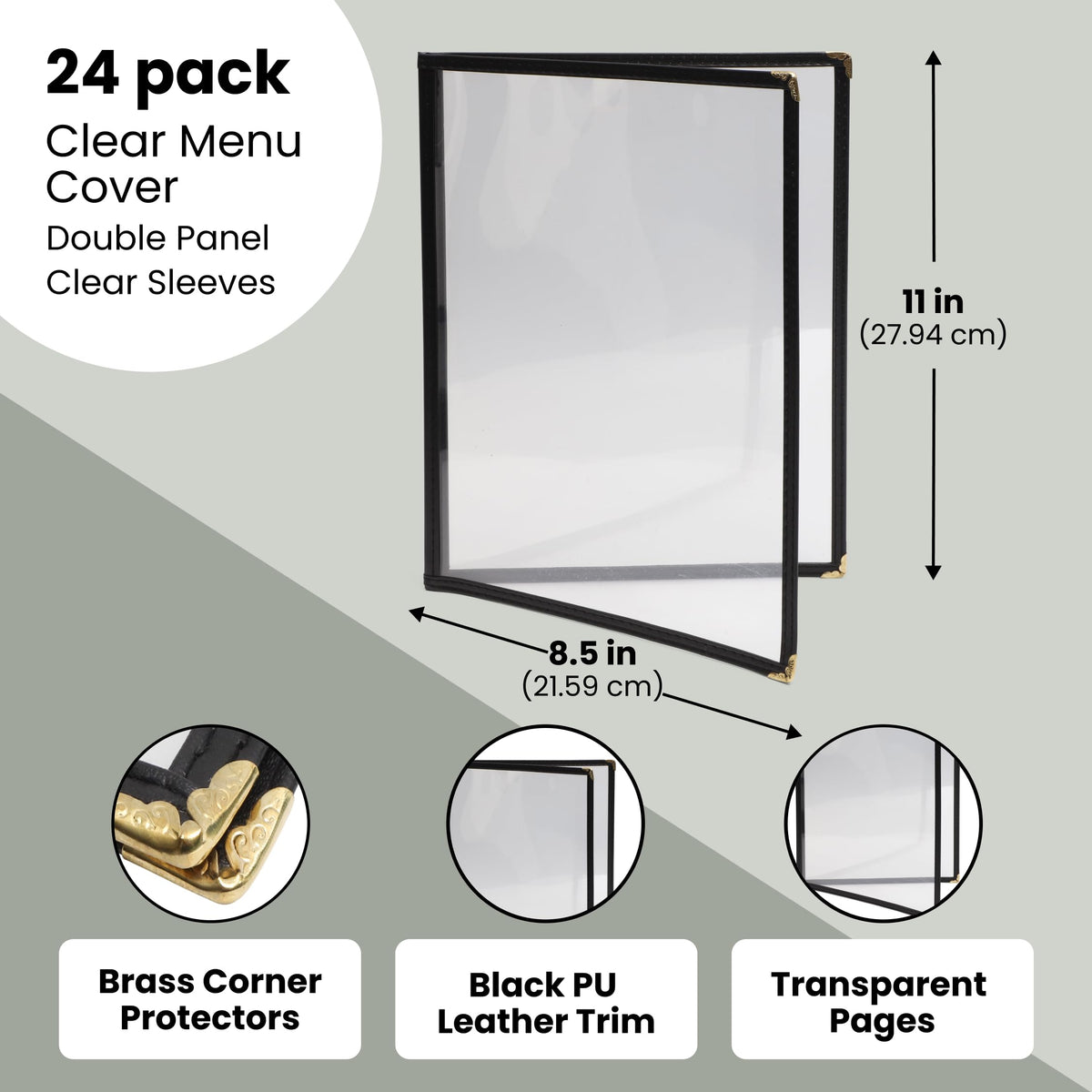 Juvale 24 Pack Clear Restaurant Menu Covers - 8.5 x 11 in Bifold Holders with Double Panels, Black PU Leather & Brass Corners, Durable PVC - Stylish Menu Holders for Restaurants, Cafes & Food Trucks