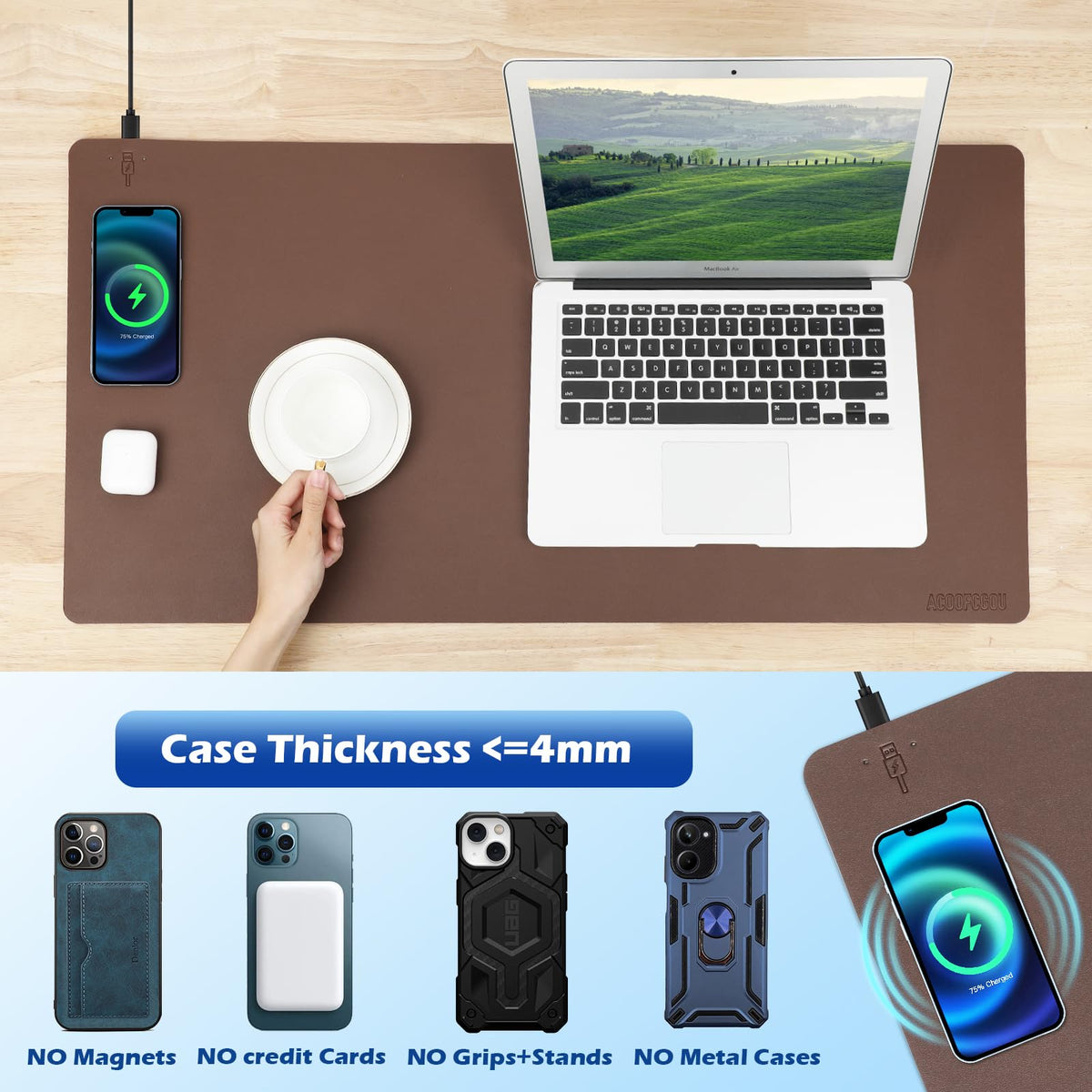 Wireless Charging Desk Mat with Desk Pad for Desktop Charging Large Mouse Pad Waterproof Leather Computer Mat Mouse Pad Non-Slip Protector on Top of Desks for Keyboard and Mouse (brown-l, 32*16inch)