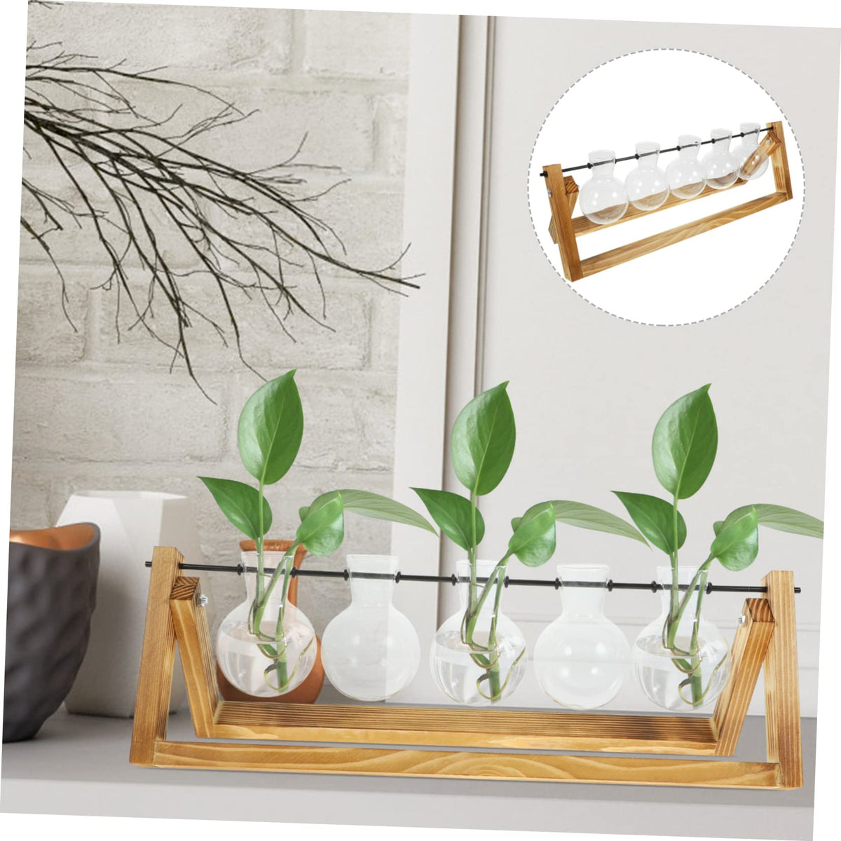 BESPORTBLE Wooden Stand Plant Propagation Glass Vases for Hydroponic Plants Terrarium for Home Decor