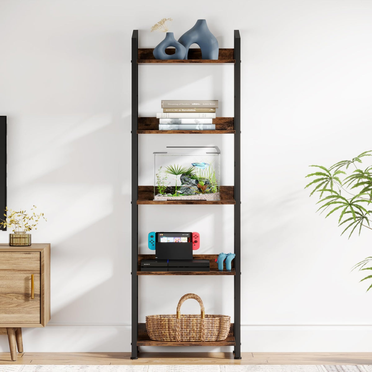 Hosfais 5 Tier Tall Bookshelf: Industrial Wood Book Shelf with Edge Protection Metal Narrow Bookshelf Bookcase Storage Organizer Display Rack for Living Room Home Office (Rustic Brown)