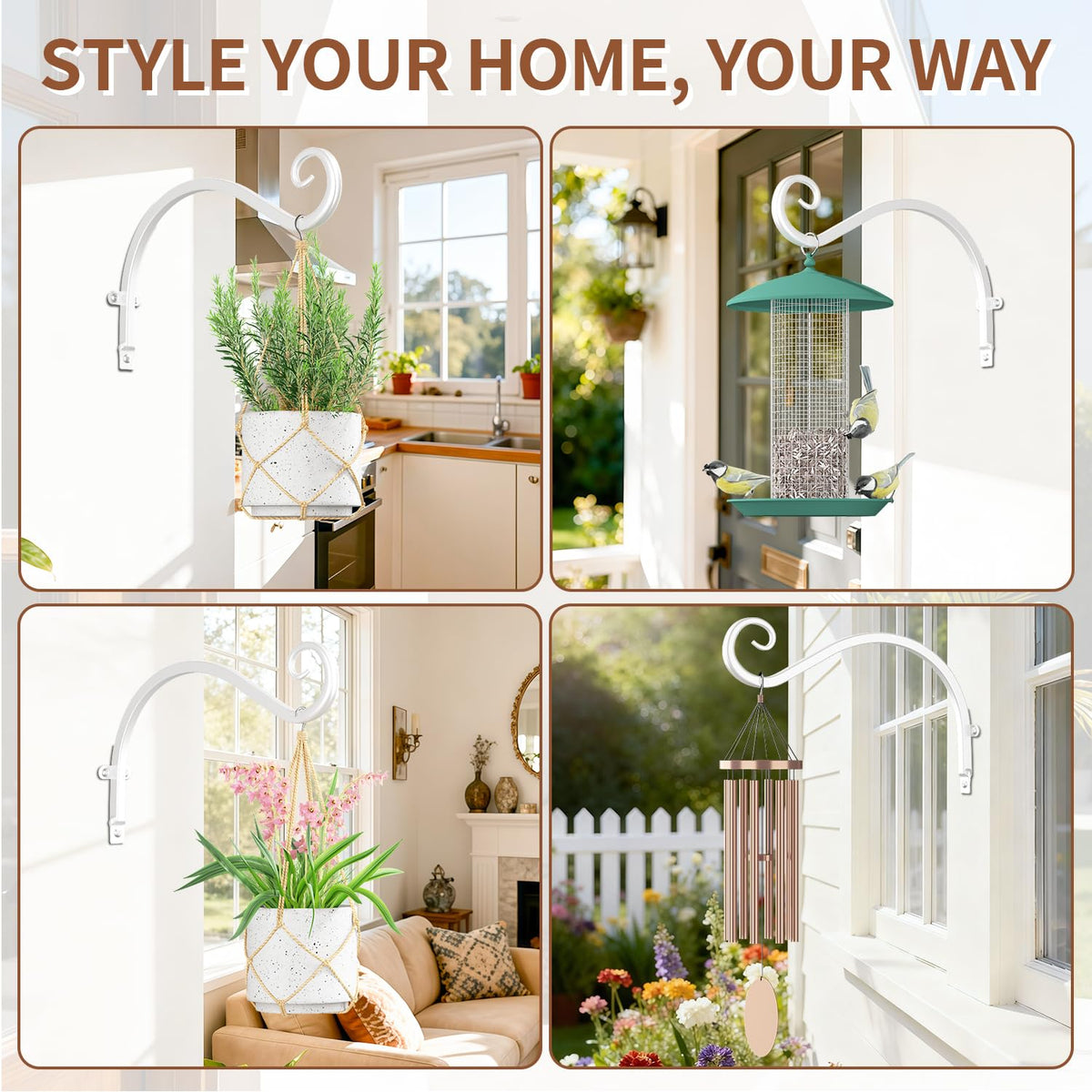 LASZOLA 2 Pack 12 Inch Hanging Plant Brackets, Heavy Duty Iron Wall Hooks for Planter, Bird Feeder, Wind Chime, Lantern, Rust Proof Decorative Hangers for Indoor Outdoor Garden Patio Fence, White