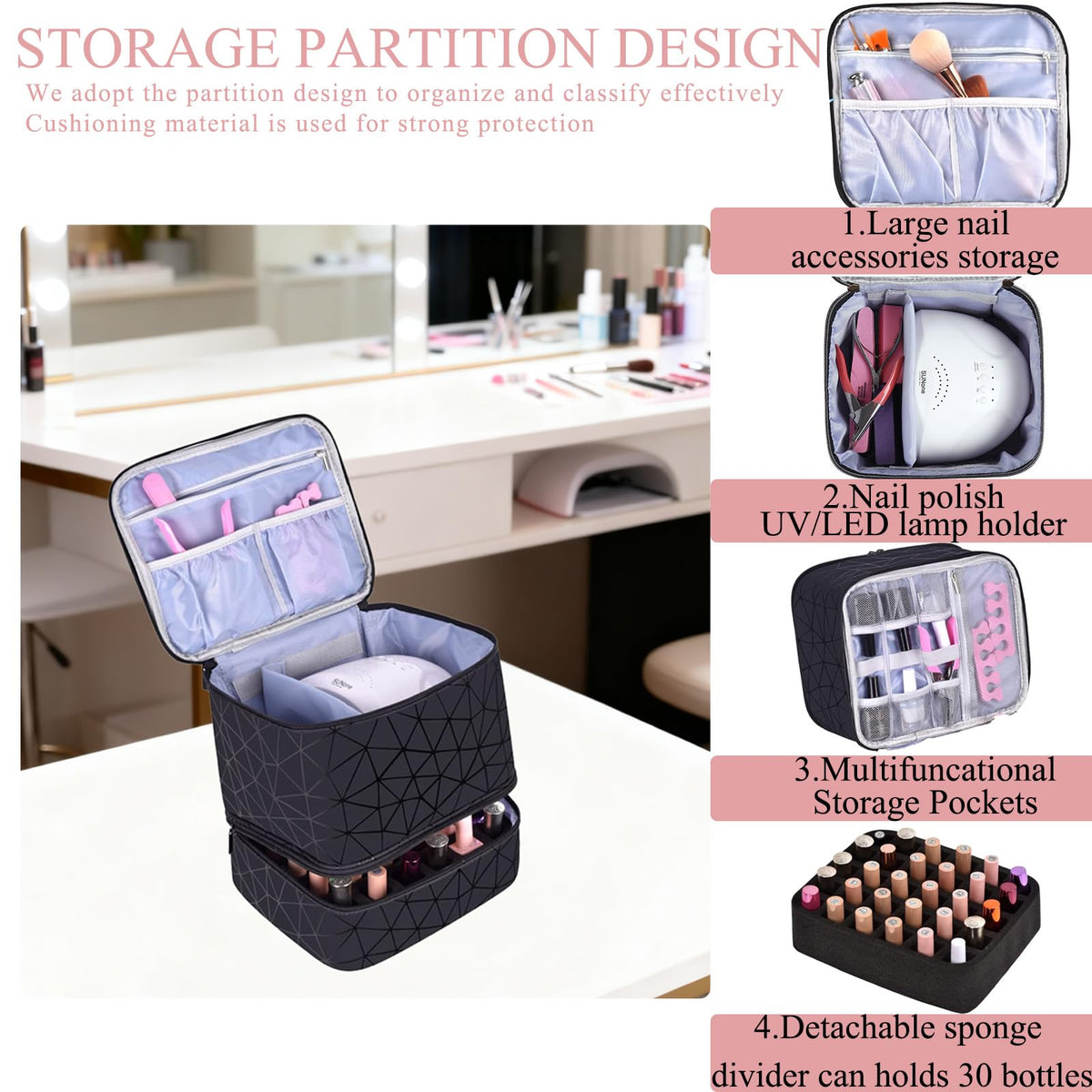 RZMAYIS PU Leather Nail Polish Organizer, Double Layer Nail Polish Storage Holds 30 Bottles (15ml/0.5fl.oz) & Nail Lamp, Portable Nail Bag Organizer Case for Nail Tech Travel & Manicure Kit