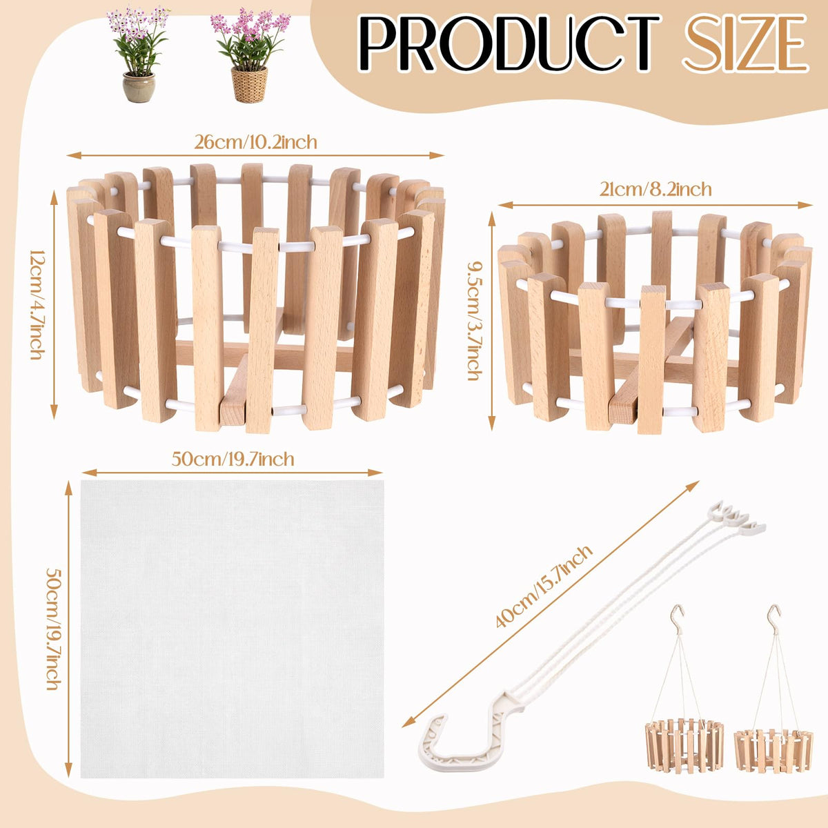 Yiyiring 2 Pcs Hanging Orchid Pots with Holes, Wooden Orchid Planter with Hangers, 8 & 10 Inch Rustic Specialist Pots for Vanda Oncidium Cattleya, Solid Beech Wood Slatted Basket