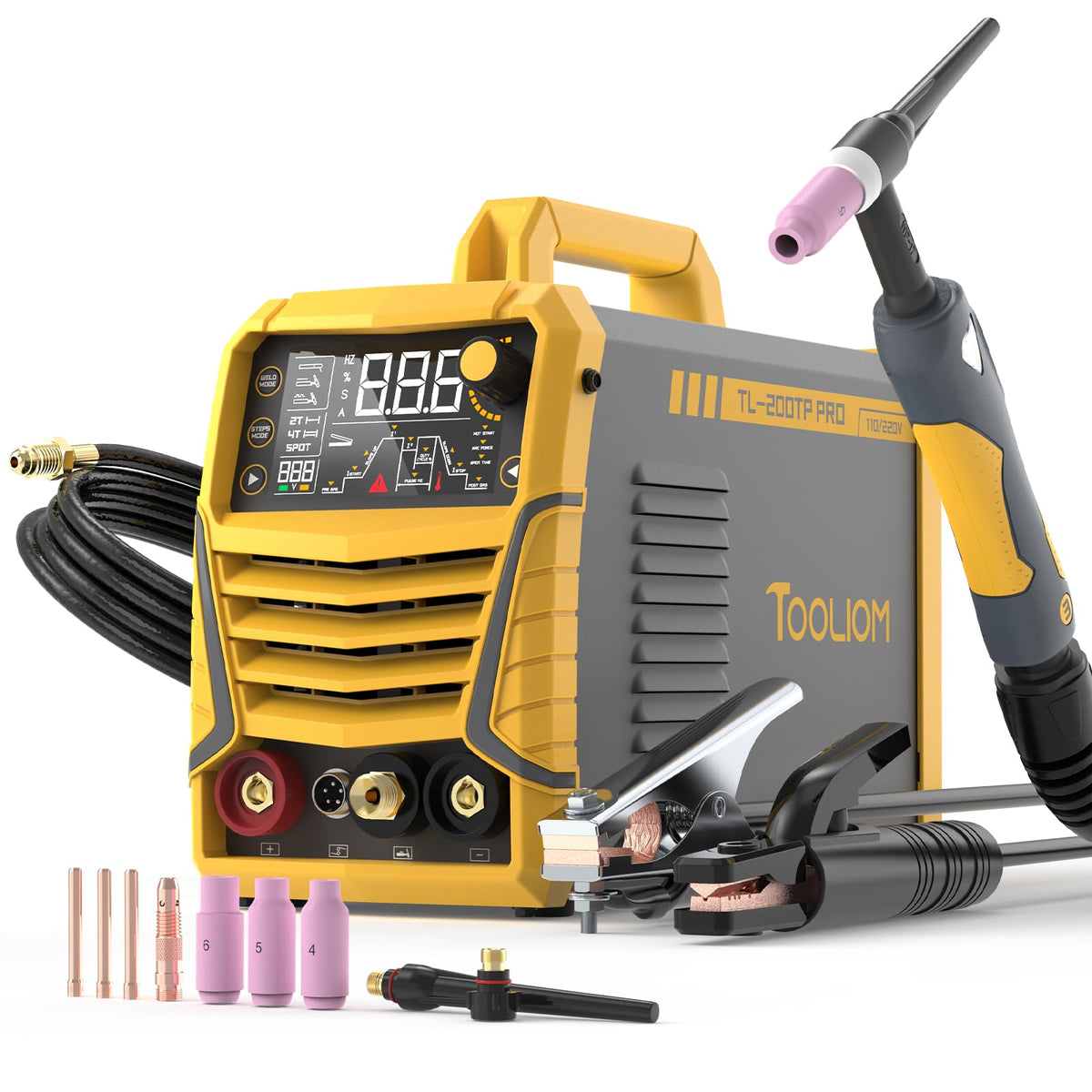 TOOLIOM 200A TIG Welder with Pulse, 4 in 1 Multifunctional TIG Welding Machine DC TIG/Spot TIG/Pulse TIG/Stick 110&220V Dual Voltage with Large Digital Display