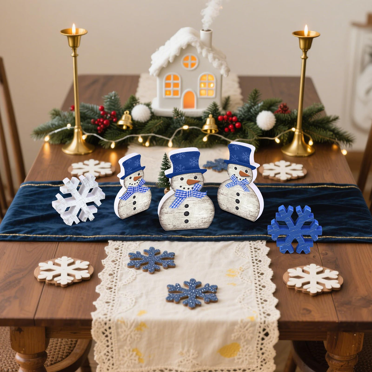 Yousoontic 5 Pcs Winter Table Decor Wooden Snowman Blue and White Snowman Snowflake Tiered Tray Decor Christmas Table Centerpiece Snowflake Signs Winter Decorations for Home Kitchen Office