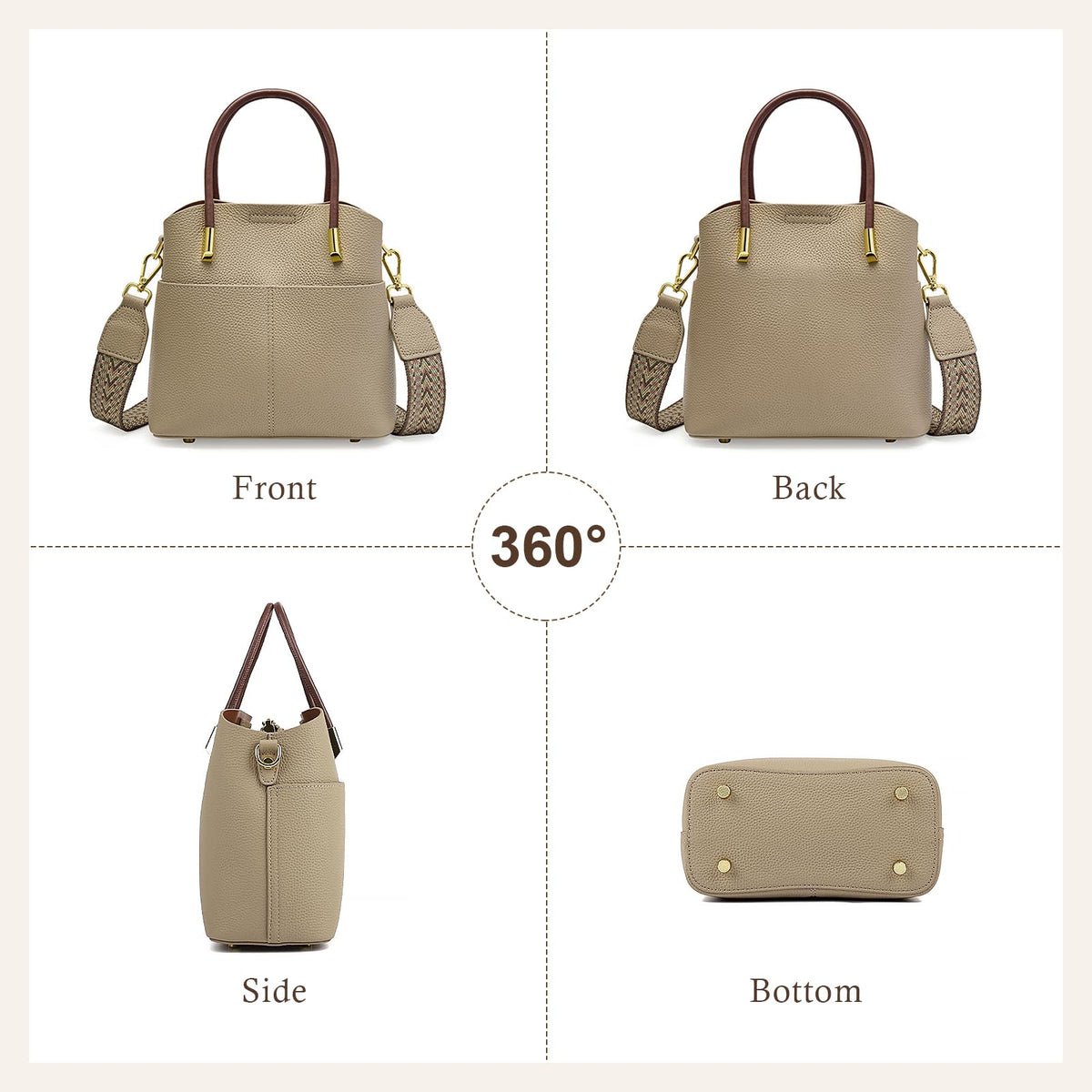 MFFOR Genuine Leather Crossbody Purses and Handbags for Women, Tote Shoulder Purse Bucket Handbag, Top Handle Satchel (Khaki