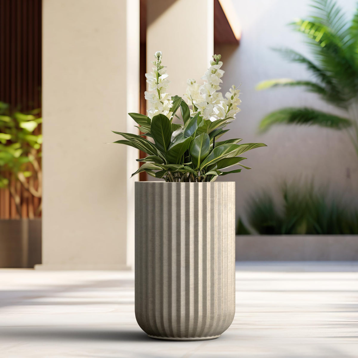 Kante Tall Fulted Planter, 21.7 Inch Tall Round Concrete Plant Pots with Drainage Hole and Rubber Plug, Modern Decor for Indoor Outdoor Plants, Flower, Weathered Finish with Painted Interior