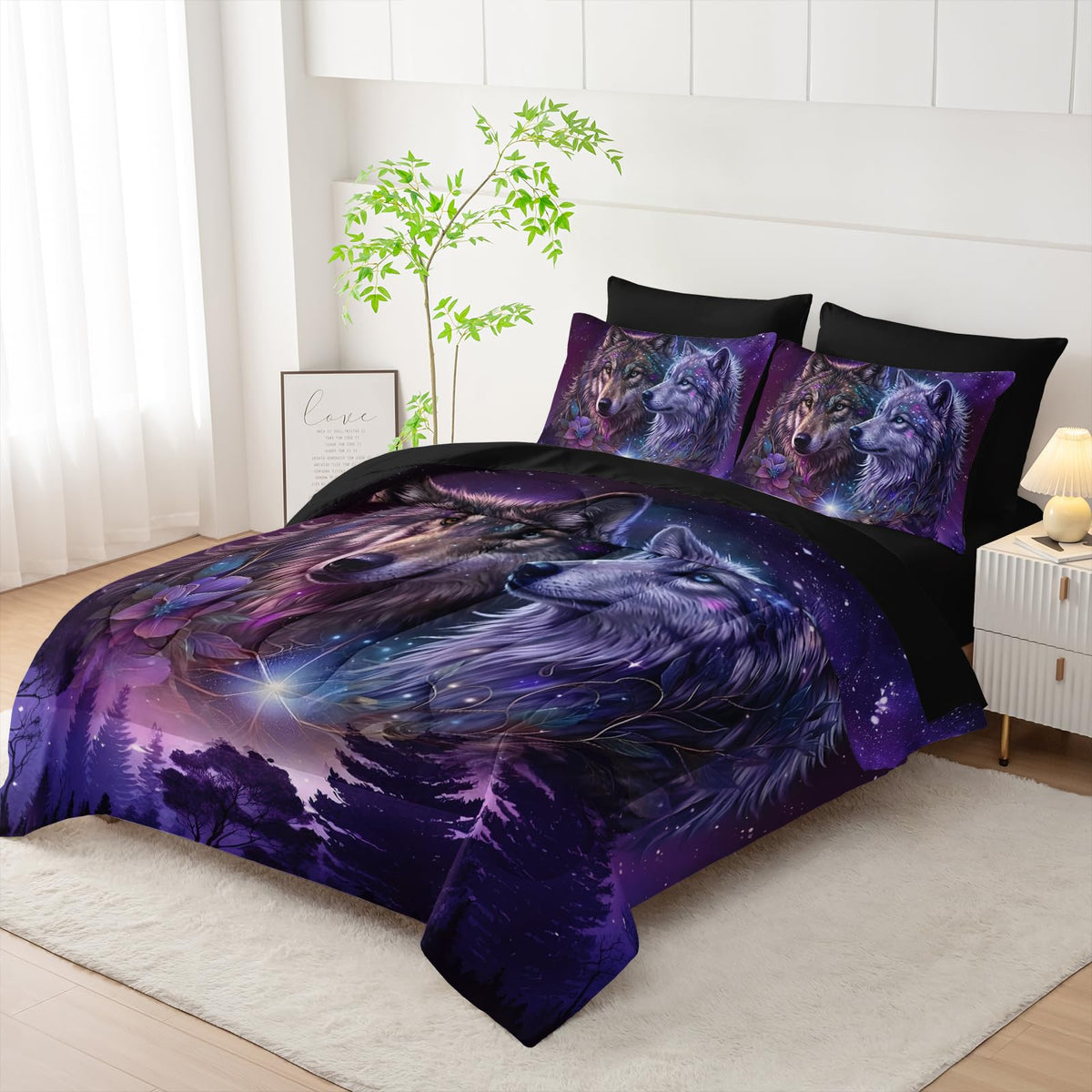 AILONEN Wolf Comforter Bedding Set Full Size,Purple Starry Night Galaxy Bed in a Bag,7Pcs Soft Microfiber Black Comforter,Fitted Sheet,Flat Sheet,2 Pillowcases,2 Pillow Shams