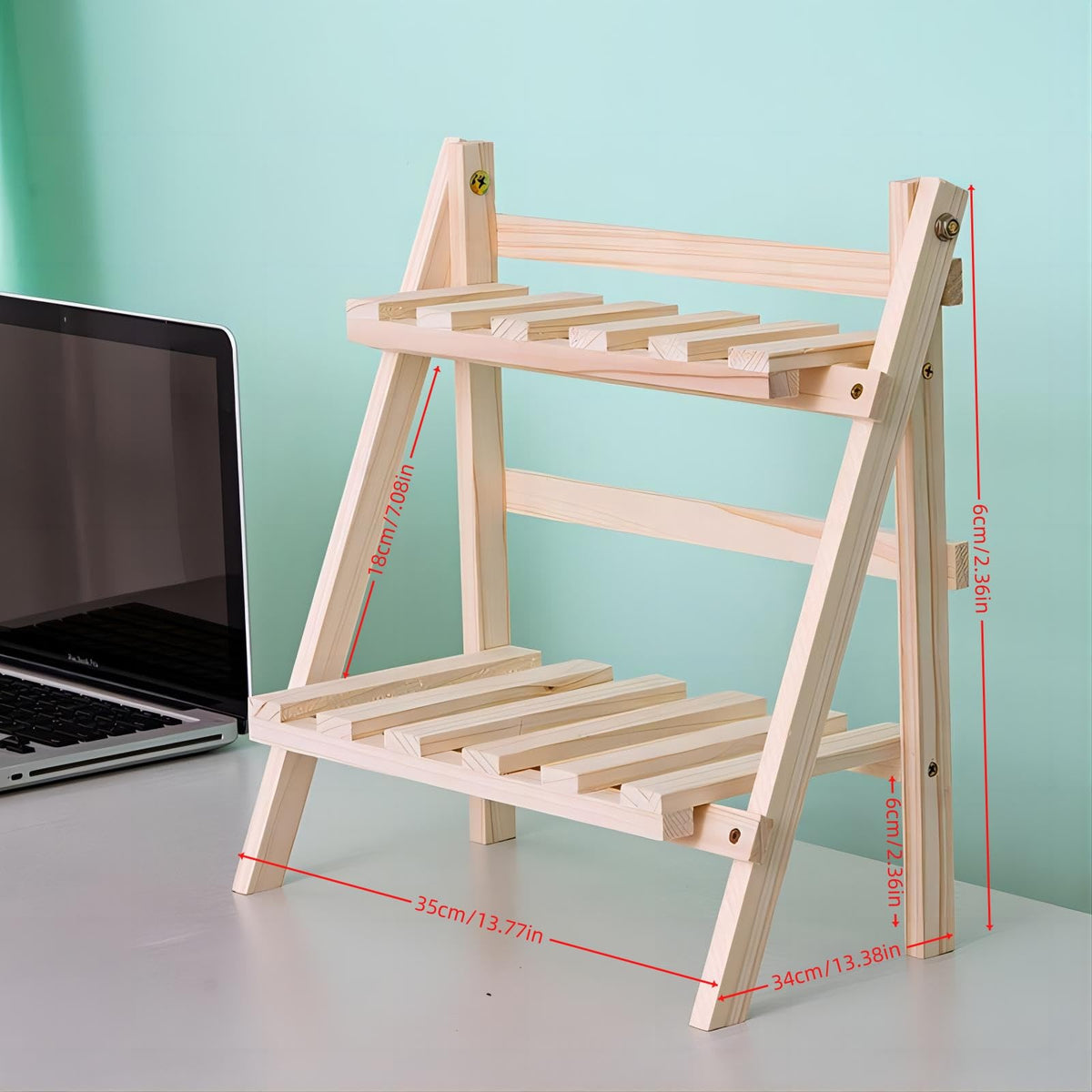 QruiLanTu 2 Tier Foldable Ladder Plant Stand Desktop Shelf Organizer Rack Wooden Display Risers For Selling L 13.3 x H 13.8 x D 7.1 in（DIY）