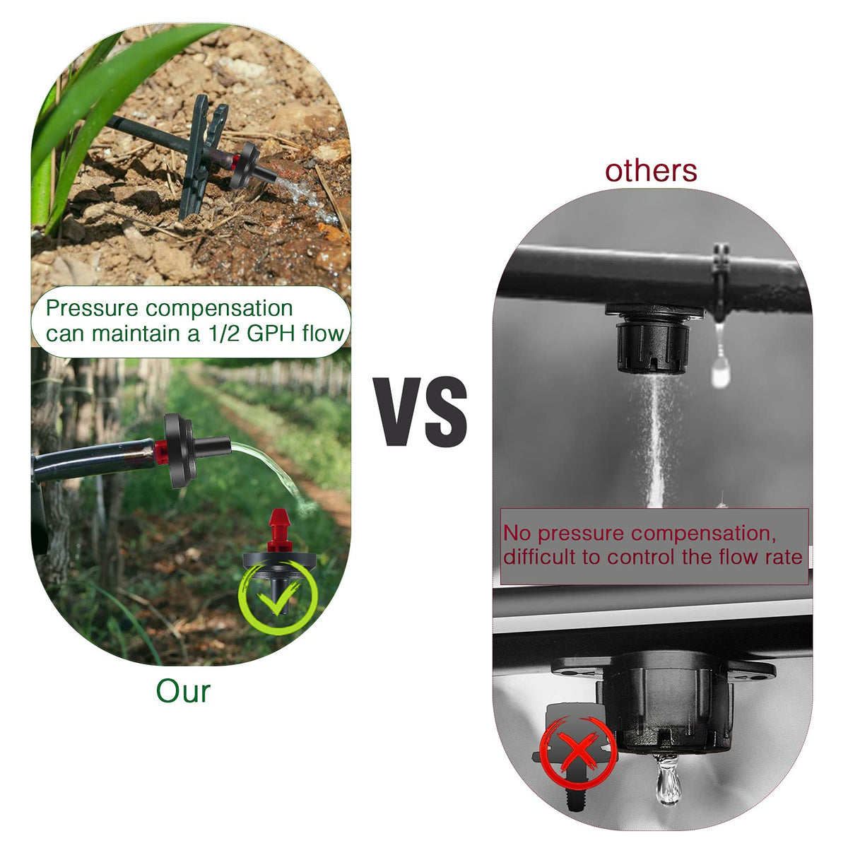 LiquiDrip 1/2 GPH Irrigation Drippers & Drip Emitters Maintain Constant Flow, 1/2 GPH Pressure Compensating Drippers, 1/2 GPH Inline Drippers & Drip Irrigation Emitters, 50 Per Bag, Red/Black