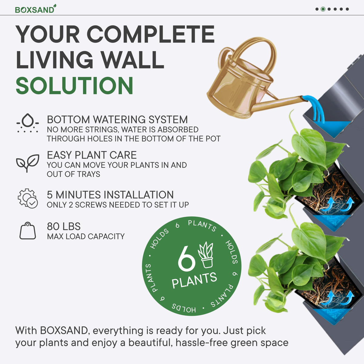 BOXSAND-6 (12"x26") Living Wall - Wall Planter, Vertical Garden for 6 Plants, Indoor/Outdoor, 2 Screws Install (White)
