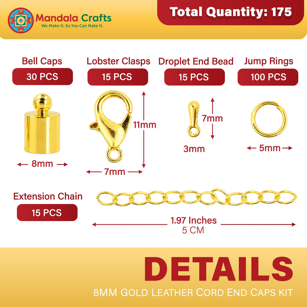 Mandala Crafts Gold Tone Leather Cord End Caps for Jewelry Making, Tassel Caps, 10mm 100 PCs Cylinder Cord Ends, Kumihimo Supplies and Jewelry Findings