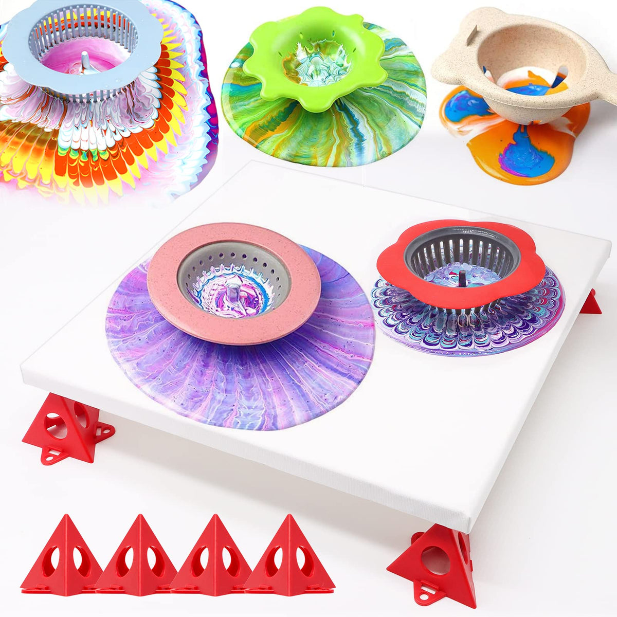 Angela&Alex 11” Rotate Turnable Sculpting Wheel with Acrylic Pouring Strainers Scraper Cone Painter Support Stands Gloves Painting Tools Unique Pattern Train Art Supplies