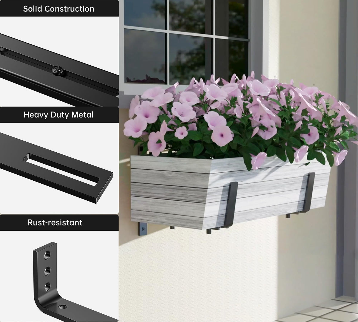 Y&M 4 PCS Adjustable Window Box Brackets for Planter Box, Heavy Duty Wall Mounted Hooks Hangers for Flower Baskets Holder Durable, Hanging Brackets for Fence Patio Garden Balcony