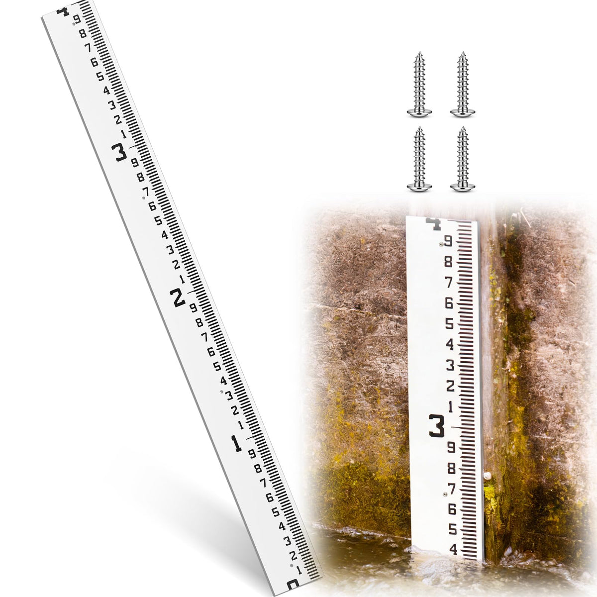 Tellegloww 4" Wide Staff Stream Gauge (100ths/10ths/feet) Fiberglass Water Snow Depth Gauge Ruler Style All Weather Water Level Indicator Tool Rust-resistant(0-4 Feet)