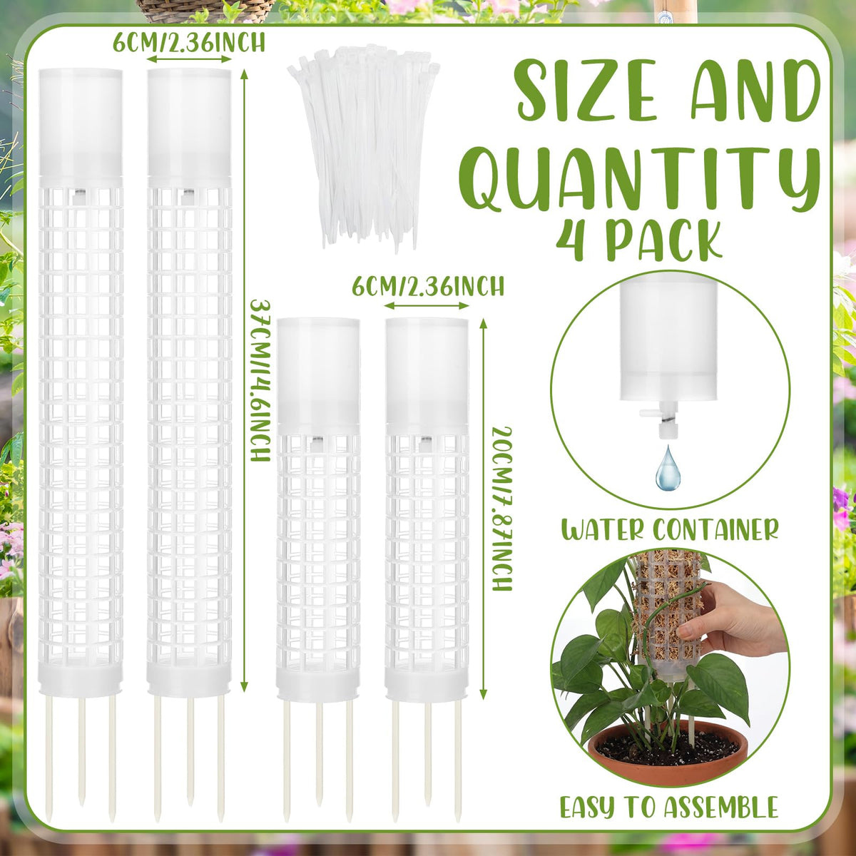 Joyfolk 4 Pack Self-Watering Plastic Moss Stake for Monstera Plant Support Multi-Size Stackable and Refillable Plastic Moss Stakes for Climbing Plants with Large Mesh Design