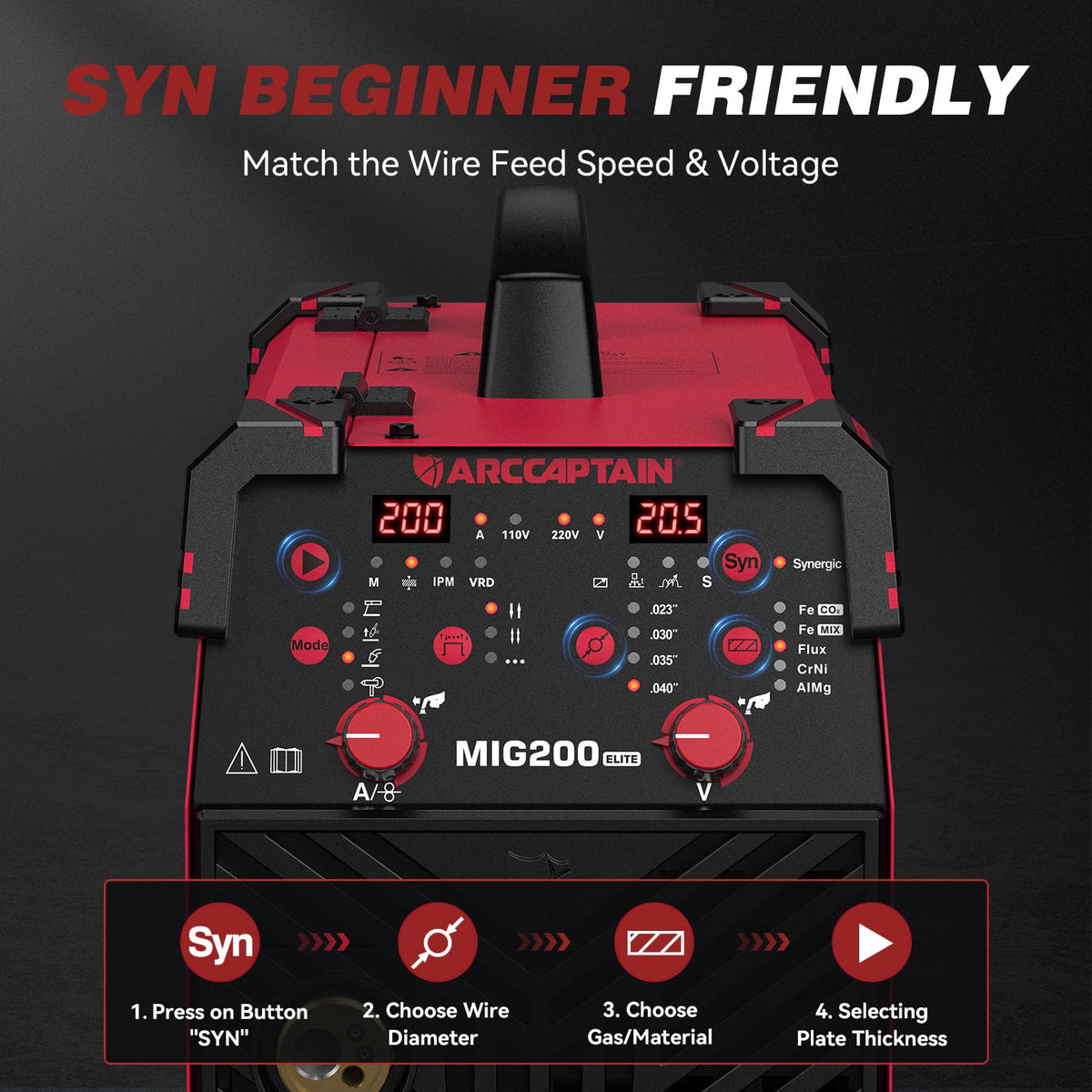 ARCCAPTAIN MIG Welder 200A, Upgraded 6 IN 1 Welding Machine 110V/220V Flux Core MIG/Gas MIG/Lift TIG/Stick Welding/Spool Gun MIG/Spot Multiprocess Welder with Synergy, Burn Back Adjustment, Inductance