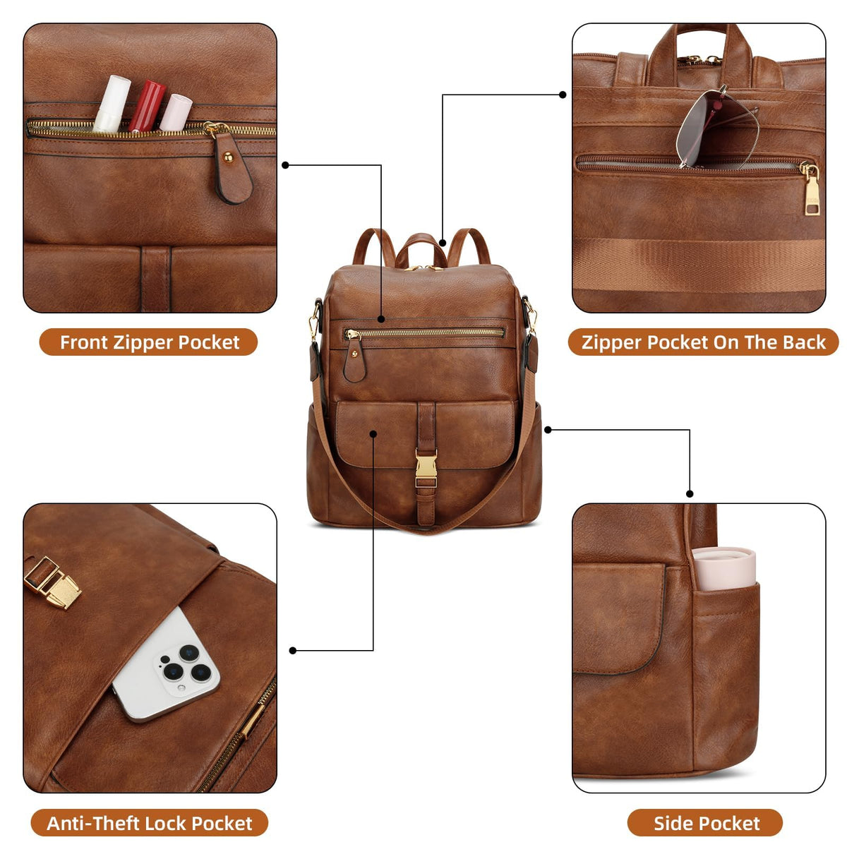 KKXIU Backpack Purse for Women - Multi-pocket Leather backpack for Travel, Work & School with Anti-Theft Lock Pocket, Luggage Strap & Water Bottle Pockets - 13x14x5.2 Inch (B-Brown)