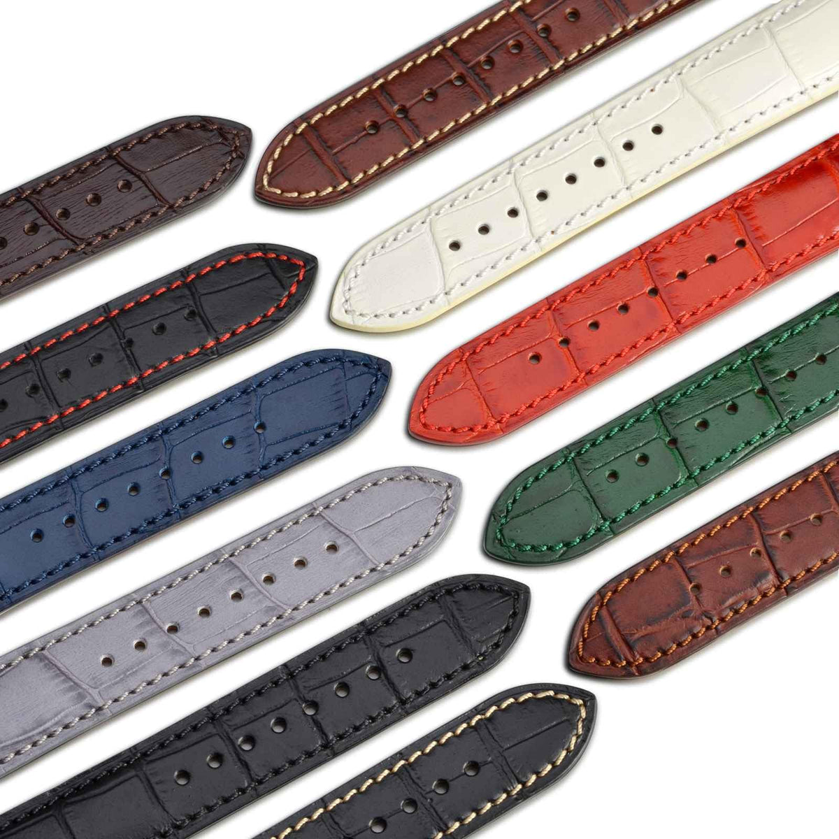 WOCCI 18mm Watch Band, Italian Leather, Embossed Alligator Grain, Gold Buckle (Dark Green)