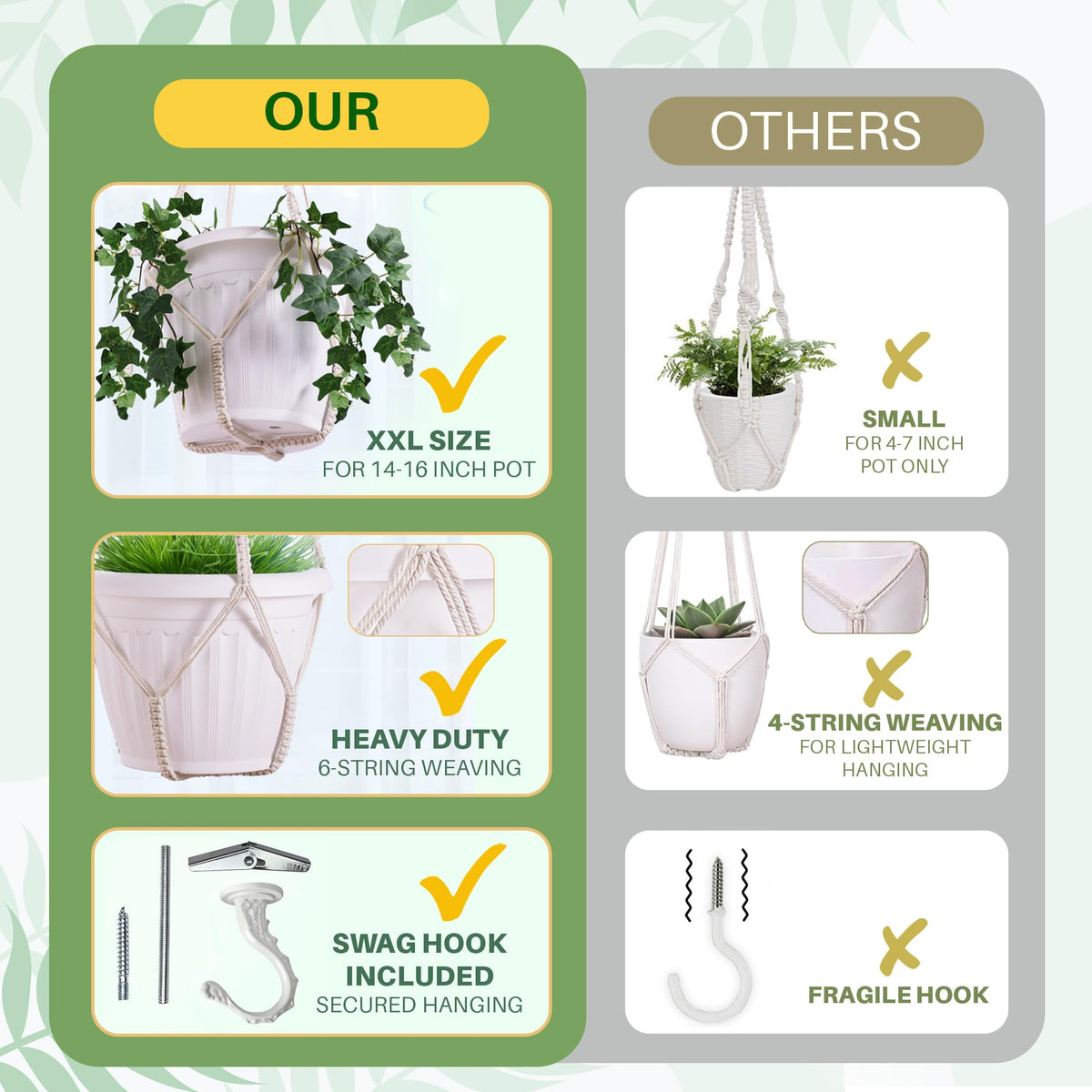 Shineloha Giant XXL 55 Inches Macrame Planter Hanger Large for 15 inch Pot + Swag Hook | Extra Large Hanging Planter for Indoor Plants | No Pot/Plant Included (XXL)