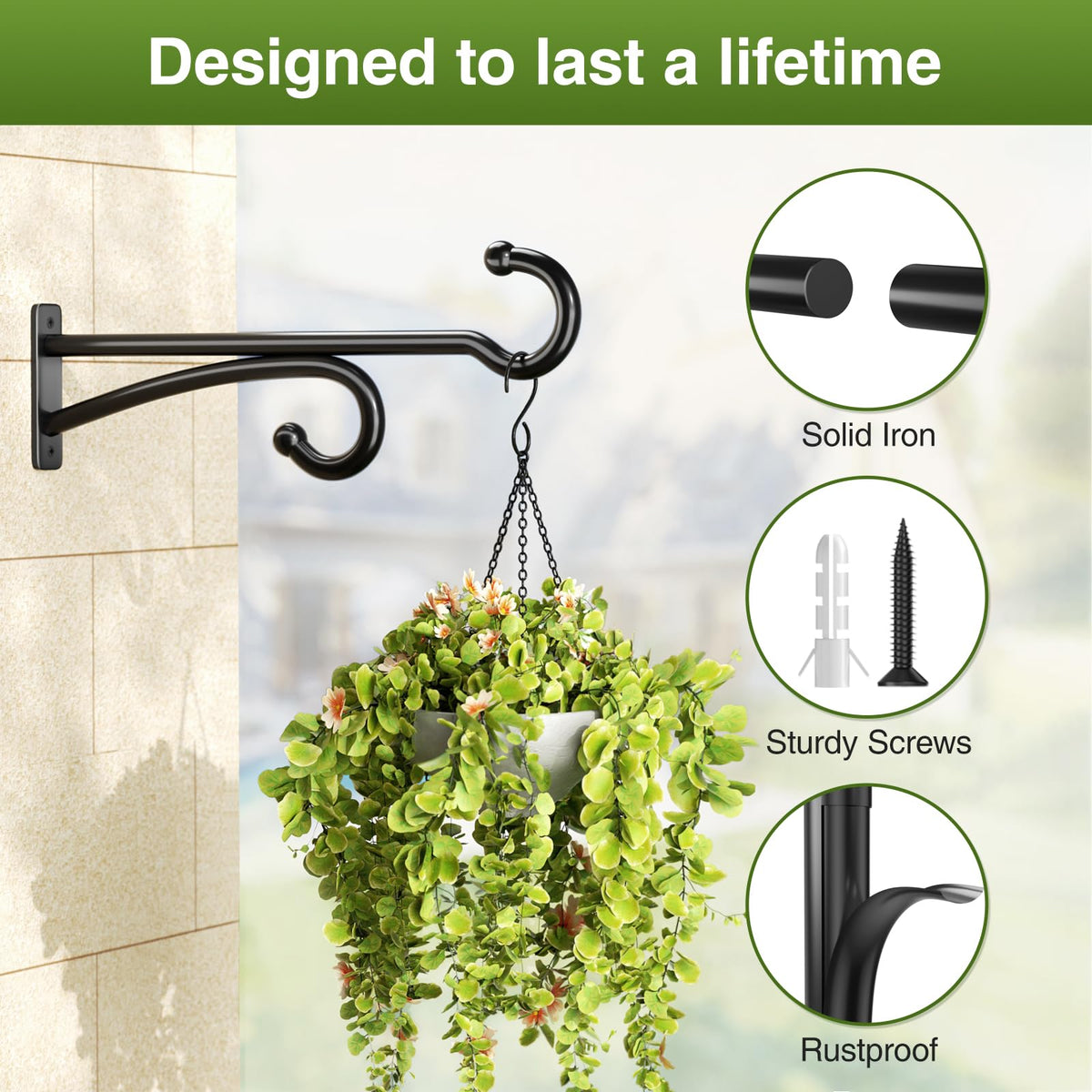 pickpiff 14-Inch Plant Hooks for Hanging Baskets: Plant Hangers Outdoor Indoor, Planters Wall Brackets for Hanging Plants, Bird Feeders, Wind Chimes, Bird Houses, Flower, Metal, Black