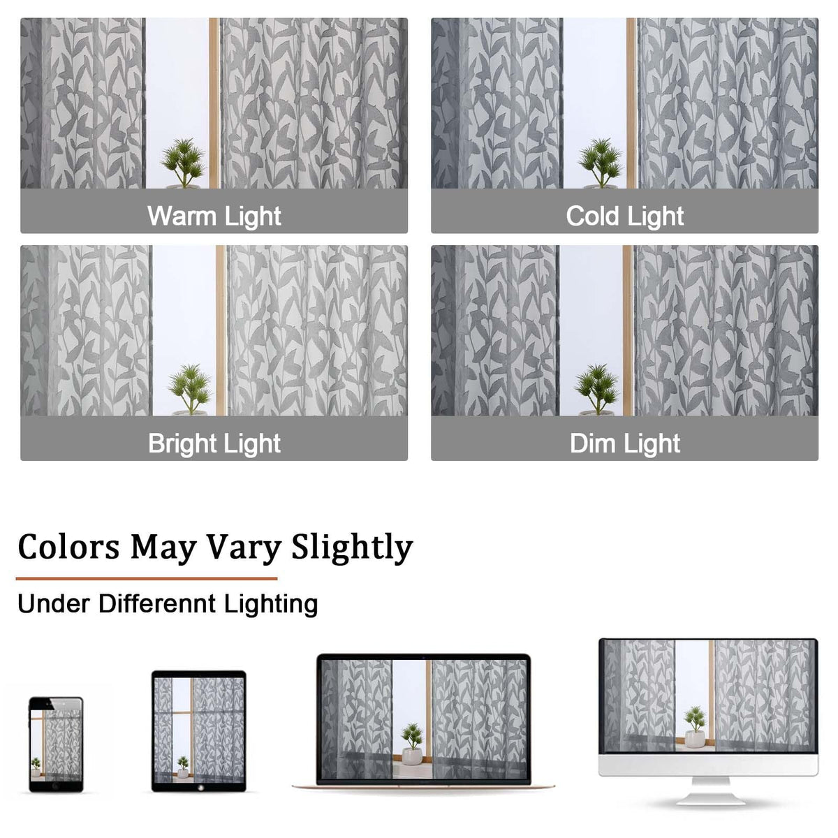 OWENIE Leyna Charcoal Gray Sheer Curtains 84 Inches Long for Living Room Bedroom 2 Panels Set, Modern Clip Jacquard Leaves Textured Light Filtering Curtains, Double Rod Pockets Drapes, 40Wx84L Inch