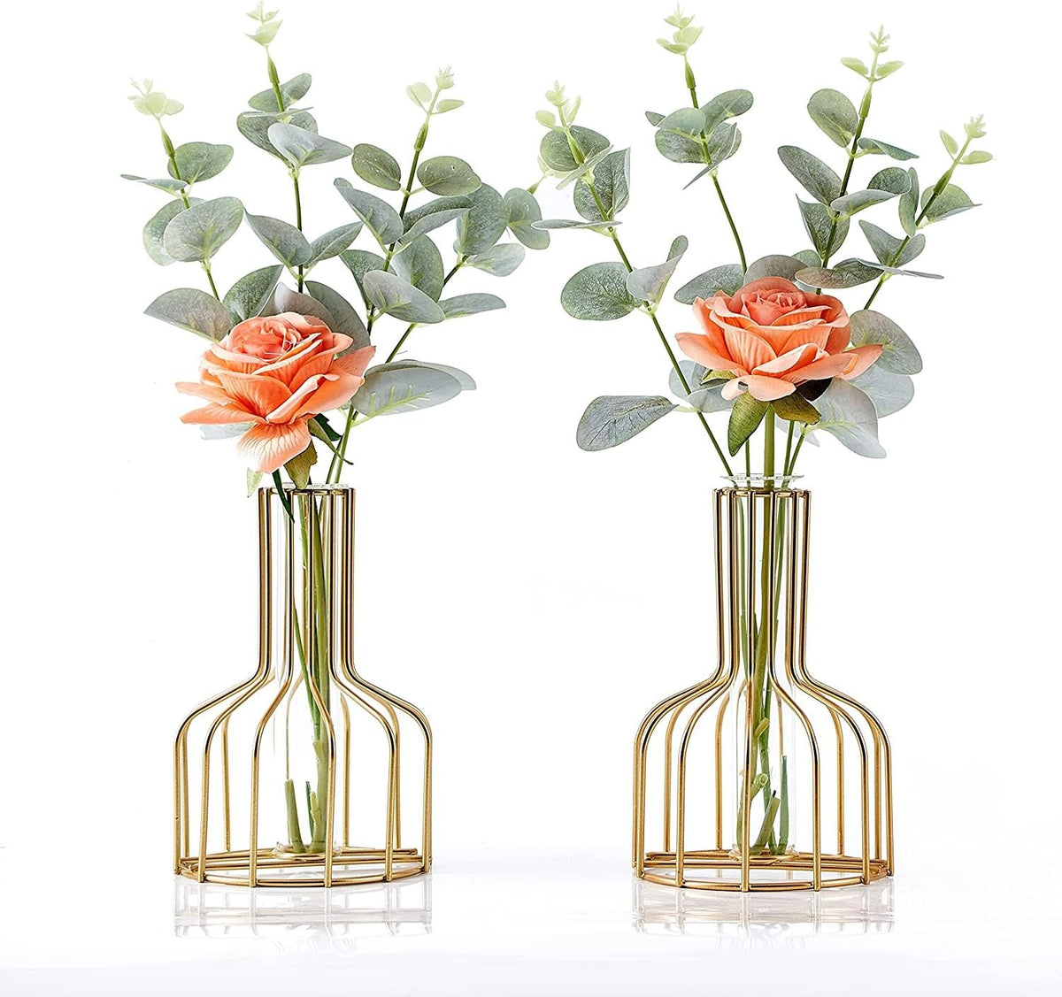 Ivymei 2 Pack Table Flower Vase,Gold Geometric Metal Frame Clear Glass Tube Bud Vase Hydroponic Plants,Gold Vase Decorative for Flower,Weddings,Centerpiece,Party,Home(Gold 8)