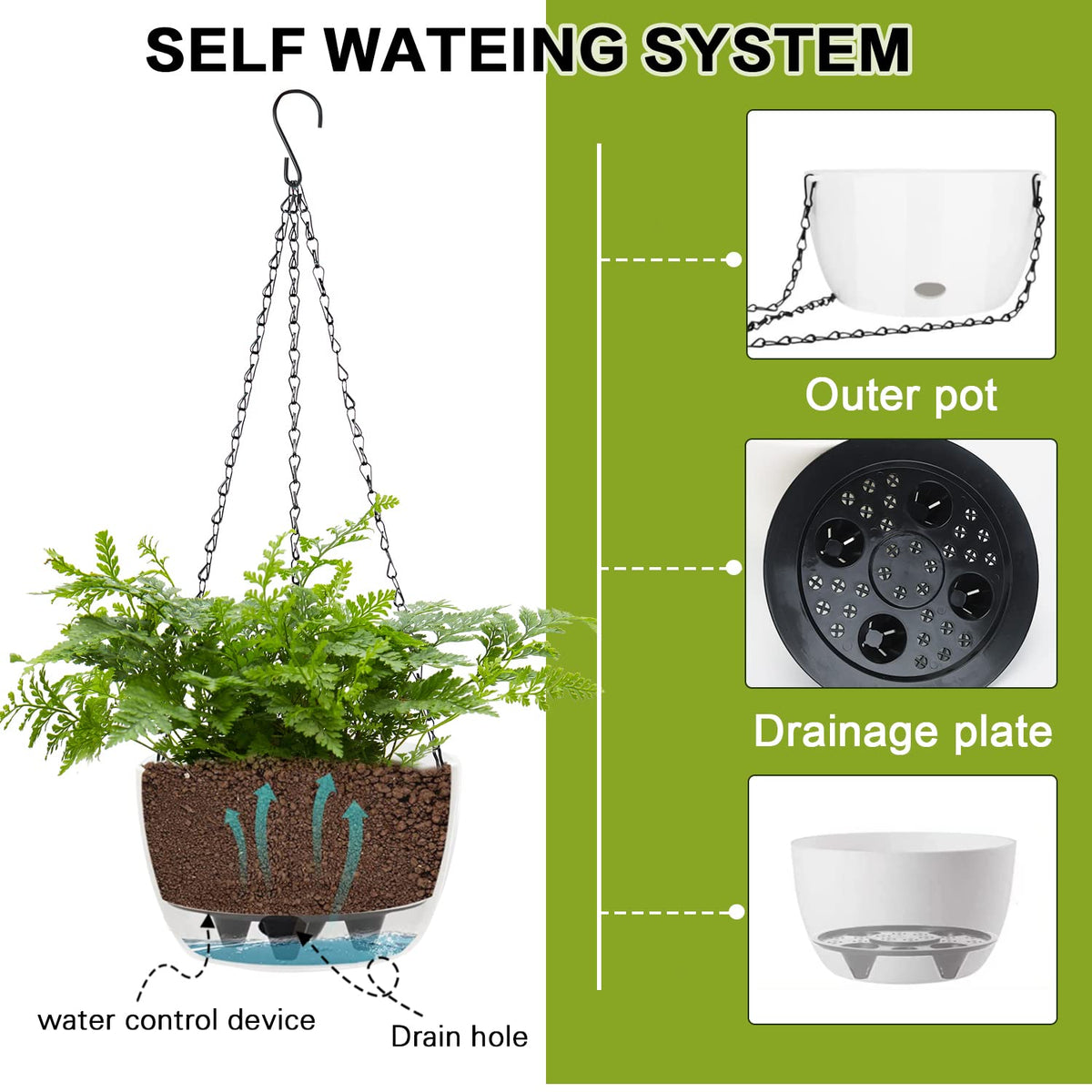 Sungmor Self Watering Hanging Planter for Indoor Plants, 9.4" & 11.2" 2-PACK Large White Plastic Hanging Basket, Garden Flower Pots with Hanging & Standing Design, Thickened Sturdy Drainage Plant Pots