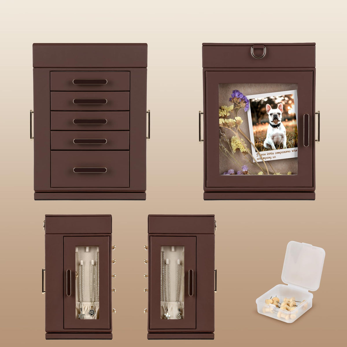 Kendal 360° Rotating Jewelry Box - Brown PU Leather Jewelry Organizer with Shadow Box & Pinboard, Detachable Top Tray, Drawers & Push Pins for Personalized Accessory Display & Storage