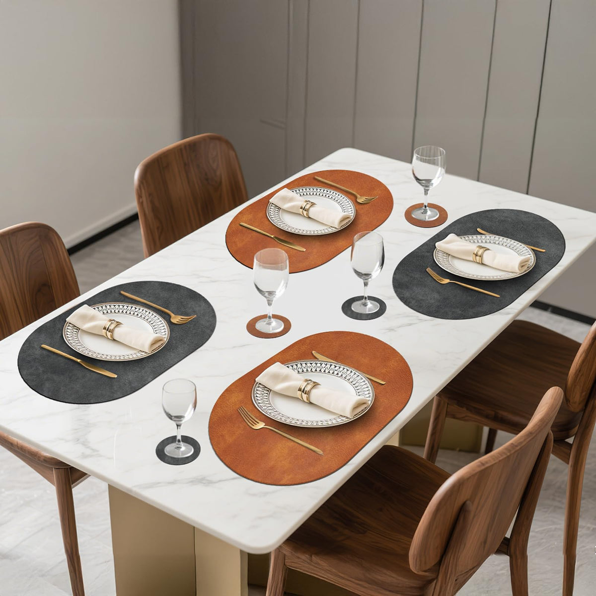 Pixieora Oval Placemats and Coasters Set of 8, Washable Reversible Faux Leather Placemats Cowhide Pattern Place Mats Wipeable Non-Slip 12 x 17 inch Kitchen Dining Table Mats (Gray Brown, 8)