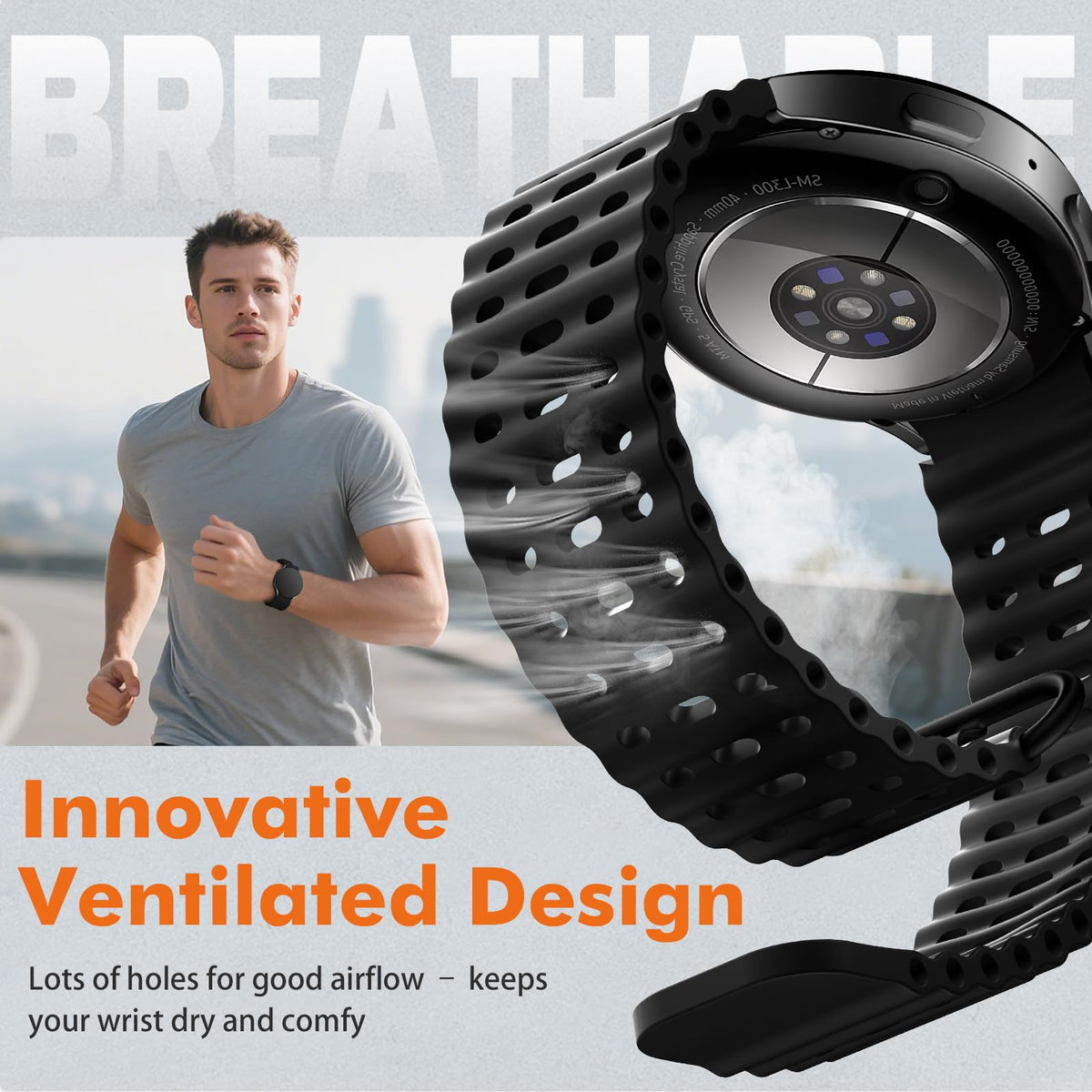 Sport Band for Samsung Galaxy Watch 7 5 4 6 FE 44mm 40mm/for Galaxy Watch 6/4 Classic 47mm 43mm 46mm 42mm/Watch 5 Pro 45mm, No Gap Breathable Soft Silicone Strap 20mm Replacement Men Women, Black