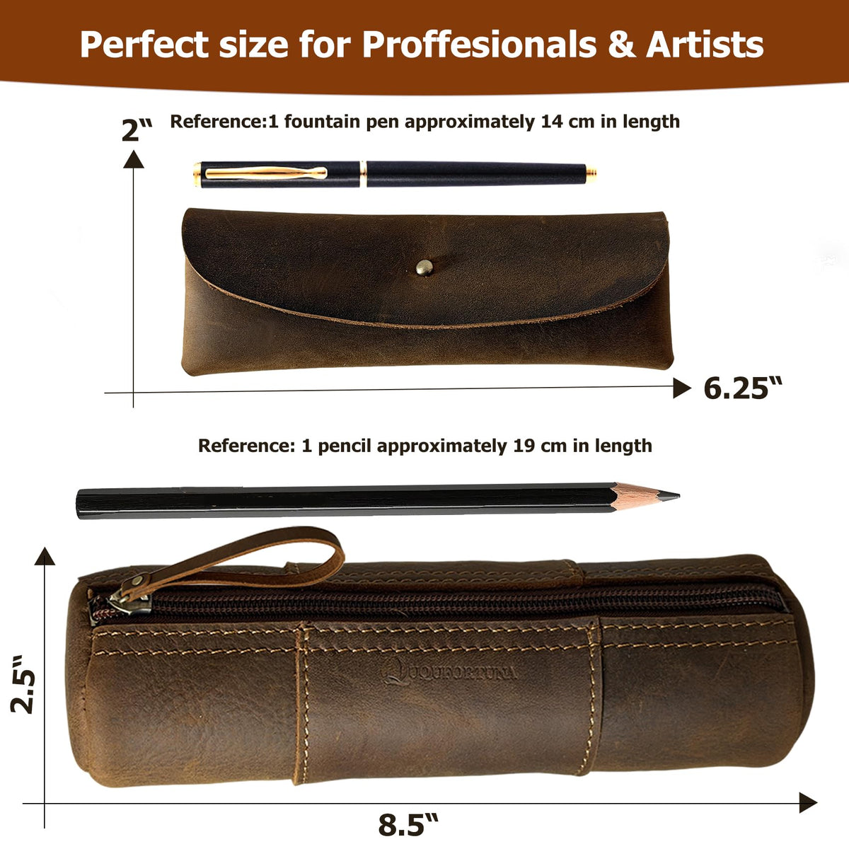 ququfortuna leather pencil case set -2pcs full grain leather zippered pen pouch bag, handmade stationery storage, elegant gift with high-end pencil pouch (brown set) (SET)