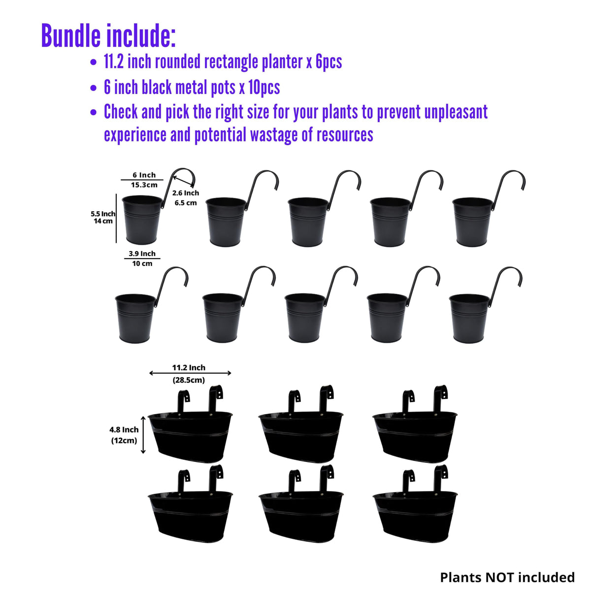 LaLaGreen Bundle - 6 Pack, 11.2 Inch Rounded Hanging Pot + 10 Pack, 6 Inch Black Metal Flower Pot, Large Outdoor Fence Deck Porch Railing Bucket, Modern Style Window Hanger Hook Balcony Plant Decor