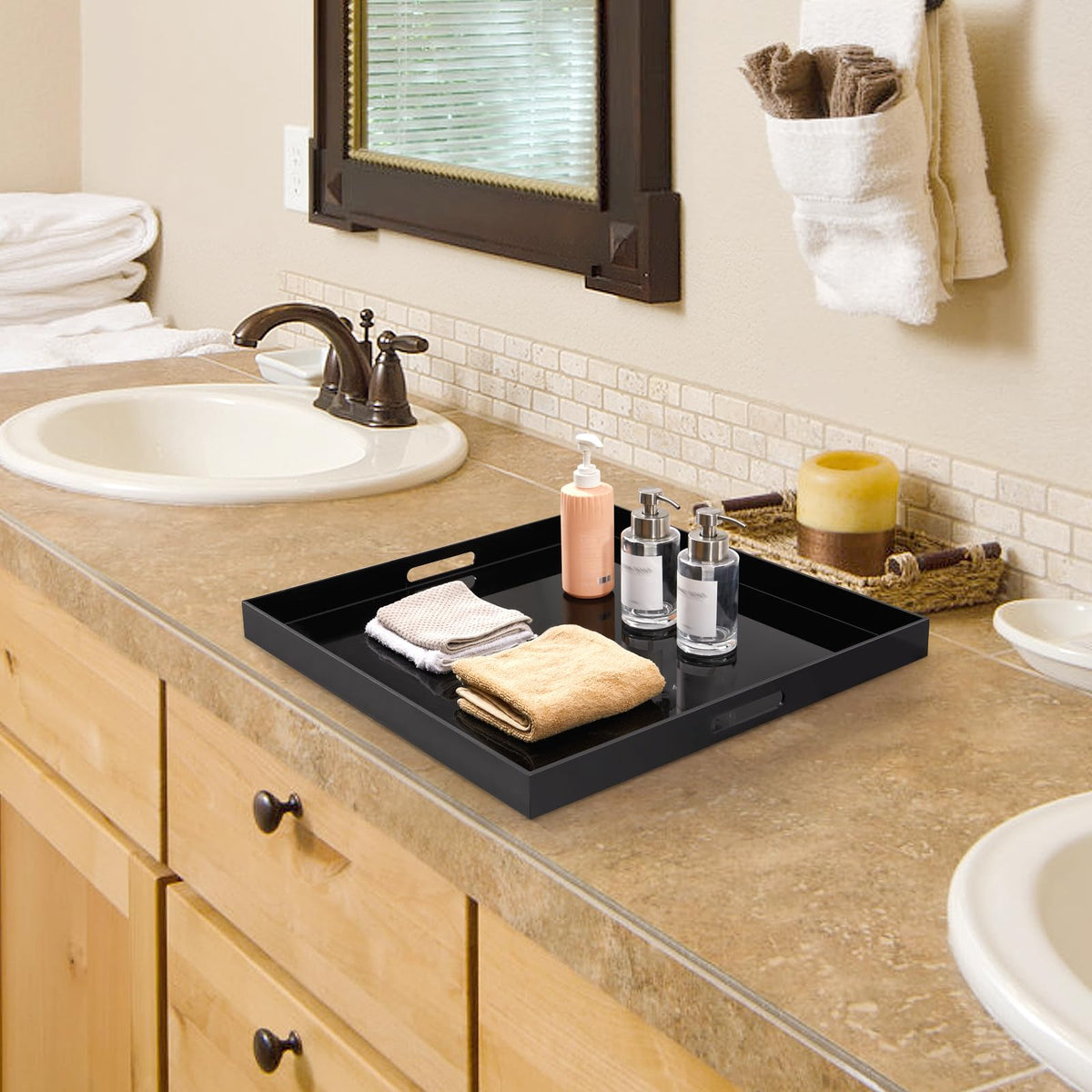 20×20 inches Oversized Black Acrylic Ottoman Tray Extra Large Decorative Tray Spill-Proof Serving Trays with Handles King-Size Safe Edge Organizer for Coffee Table Countertop Breakfast