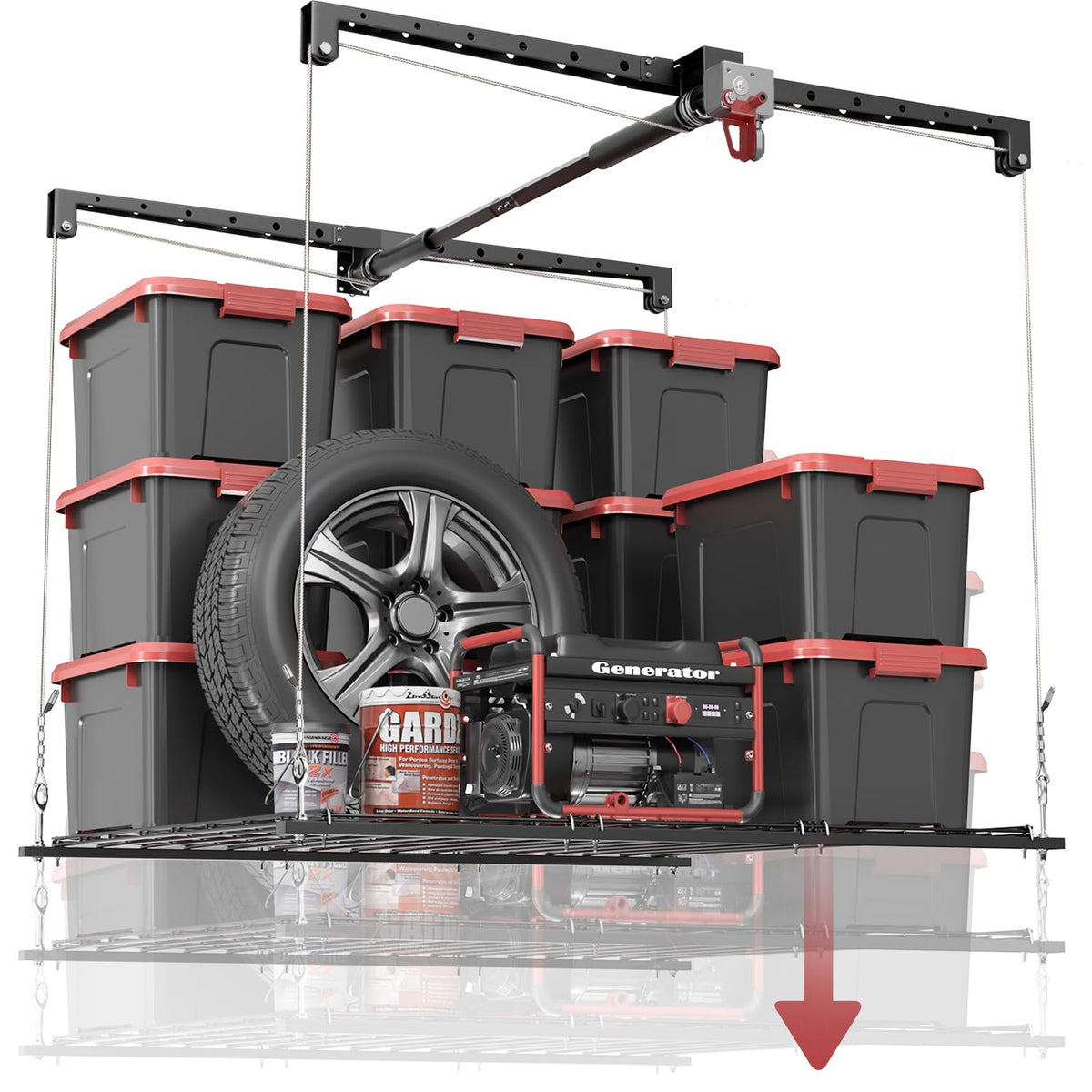 Overhead Garage Storage Rack for 8-10 FT Ceiling, 4x4 FT Ceiling Storage Racks with Safety Lock, Ideal for Garage Storage Mounted Lift System and Storage Organizer, 250lbs Capacity