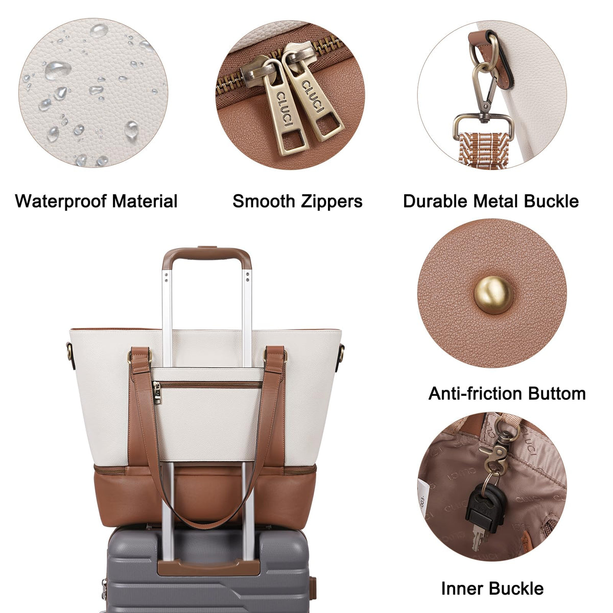 CLUCI Travel Leather Duffel Bag Weekender Bag for Women Carry on Overnight Bag Beige with Brown