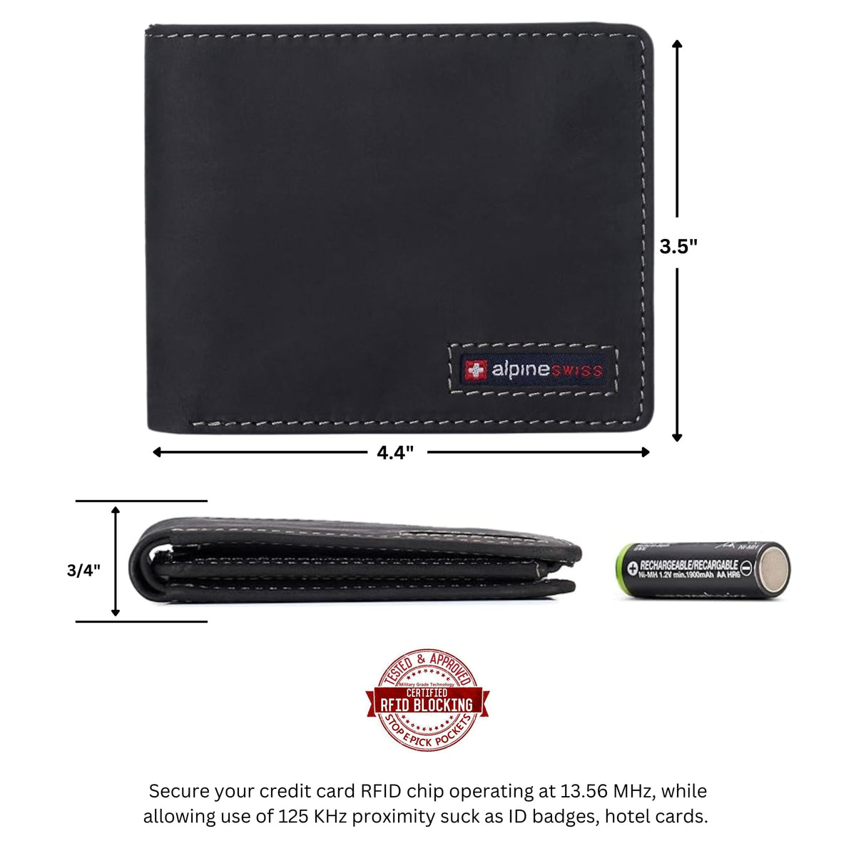 Alpine Swiss Mens Wallet for Men | RFID Protected Leather Mens Wallet | Spencer Bifold with Divided Bill Section | Gift Box | 2 ID Windows | 14 Card & Storage Pockets for Organization Nubuck Black