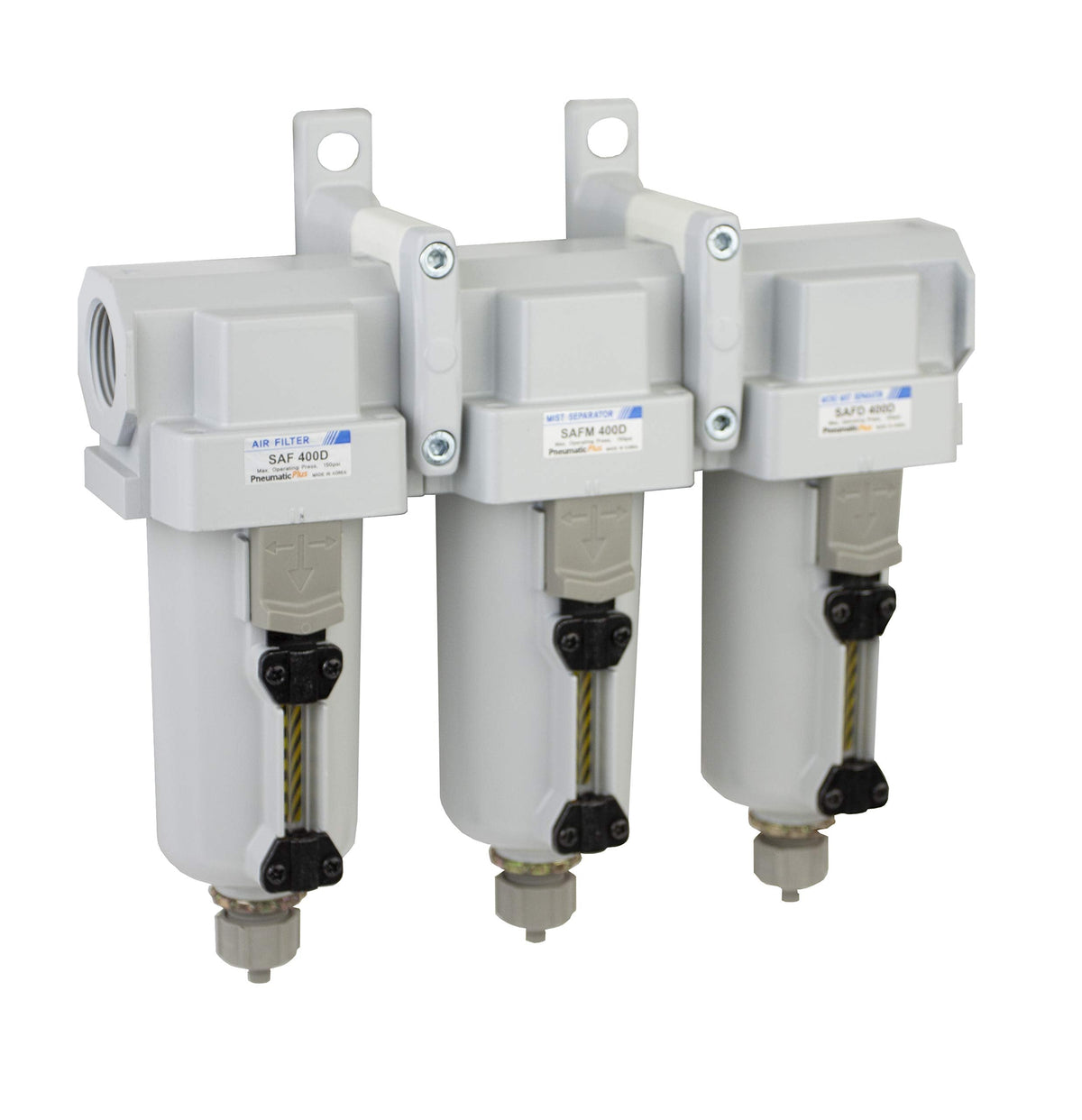 PneumaticPlus SAFU460-N04-MEP Air Particulate (10 µm), Oil Removing (0.1 µm), Coalescing (0.01 µm) Filter Combo, 1/2" NPT, Metal Bowl w/Manual Drain